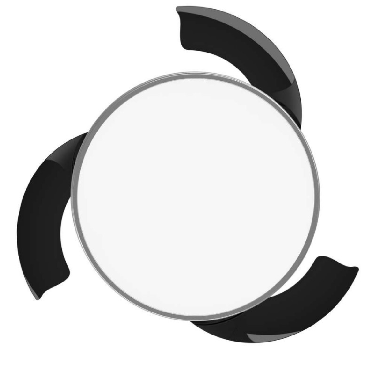 Disco bianco con tre elementi curvi neri che ruotano attorno.
