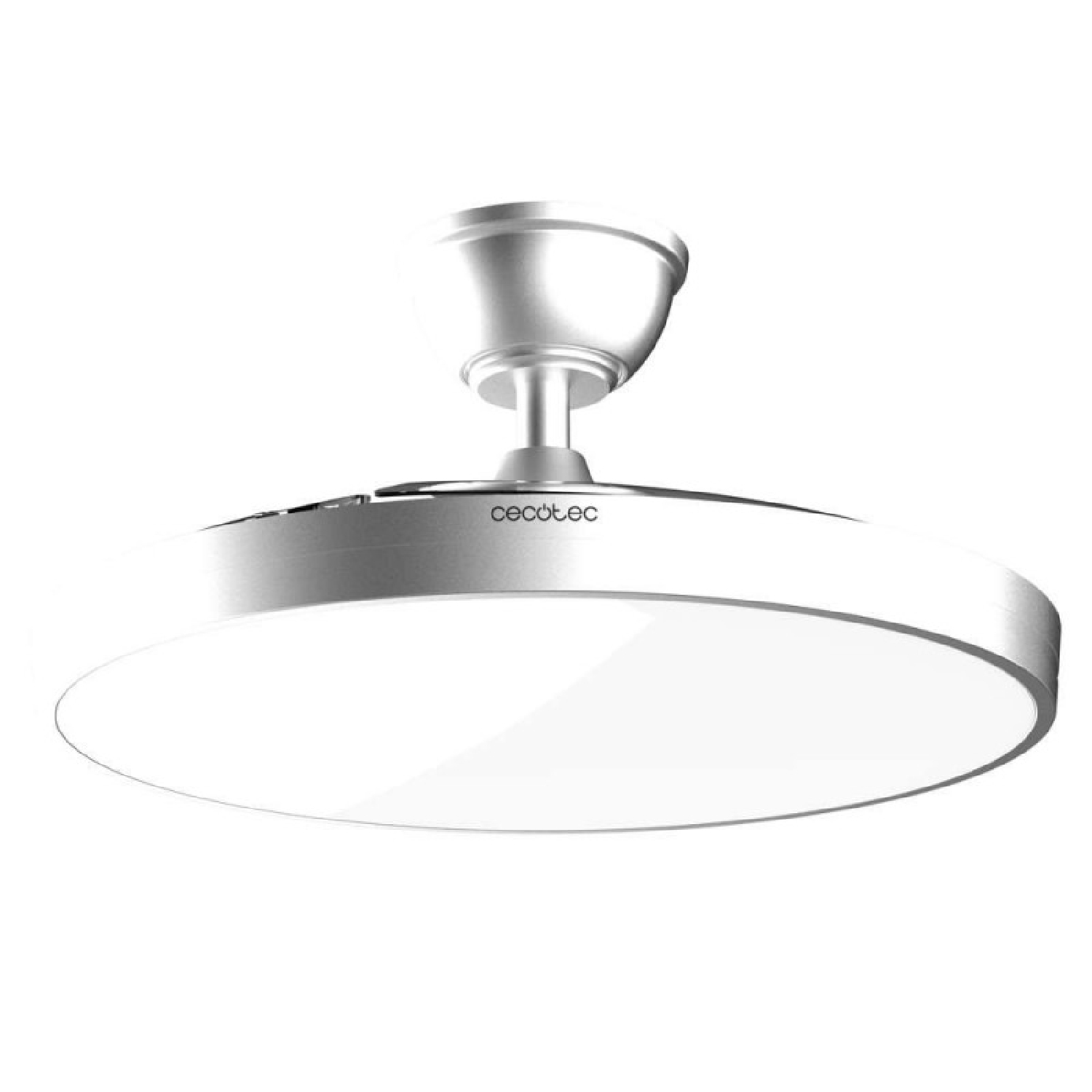 Un moderno ventilatore da soffitto argentato con luce LED integrata, su sfondo bianco.