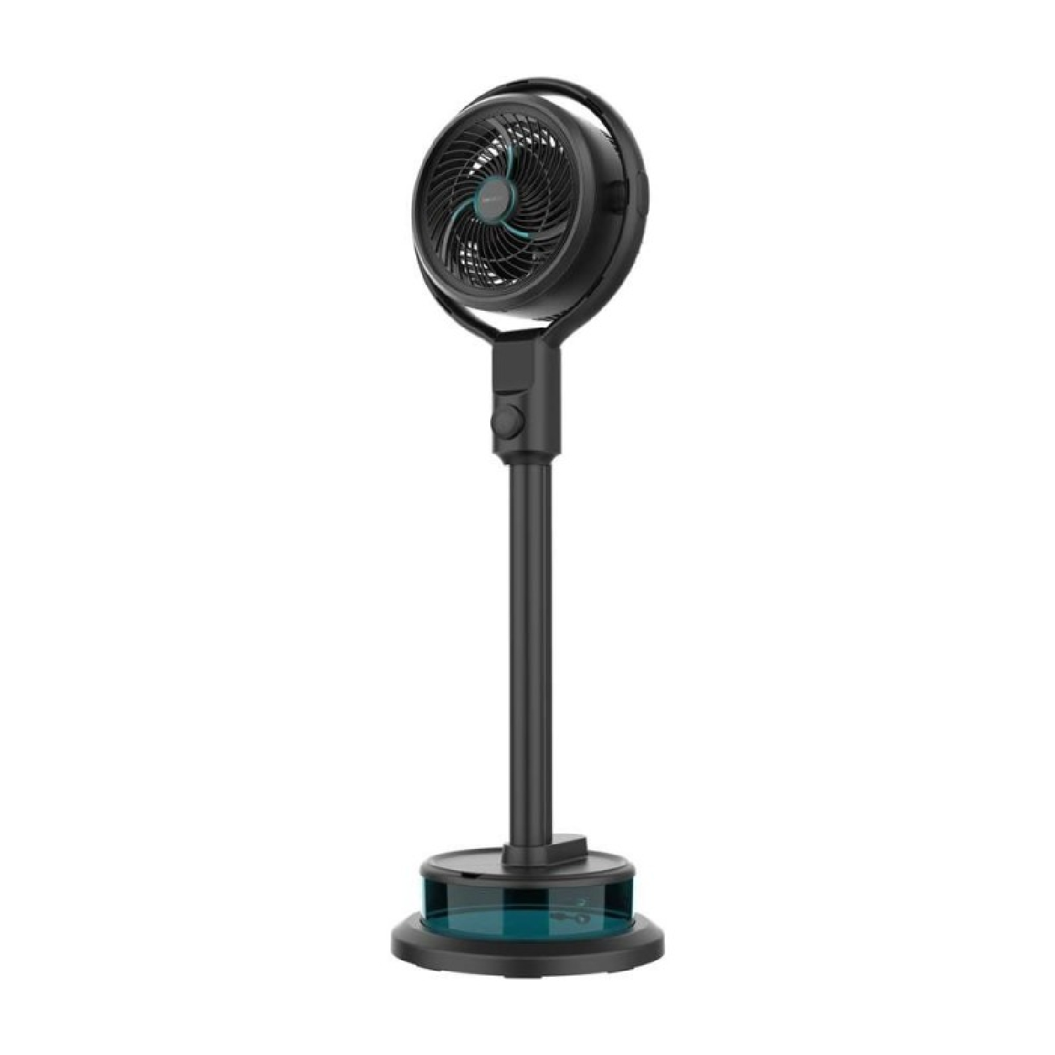 Un ventilador de pie negro con cabeza redonda y base azul transparente.
