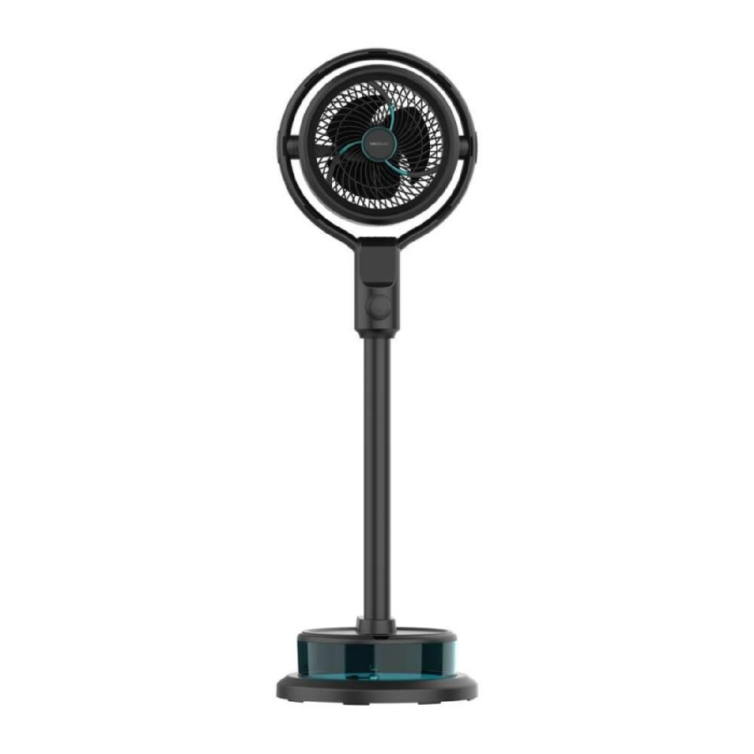 Un ventilador de pie negro con cabeza redonda y base azul sobre fondo blanco.