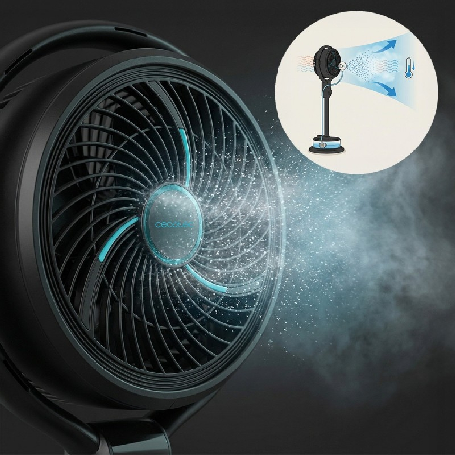 Ventilador negro rociando niebla, con diagrama del efecto de enfriamiento.