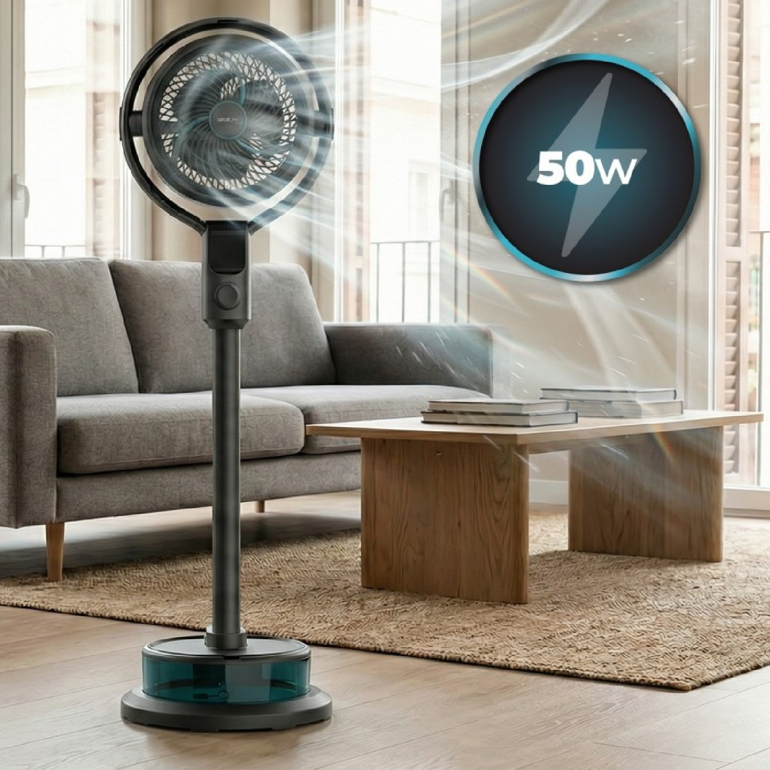 Un ventilador de pie negro de 50W en una sala de estar.