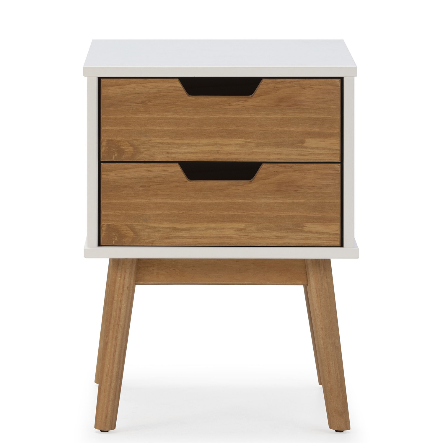 Una mesita de noche blanca con dos cajones de madera y cuatro patas de madera inclinadas.