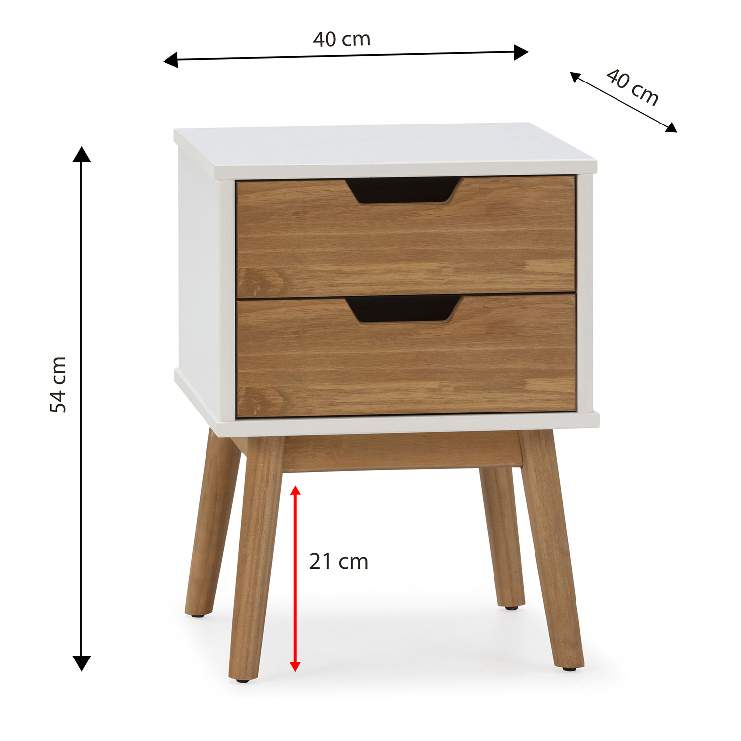 Una mesita de noche blanca y de madera con dos cajones sobre patas.