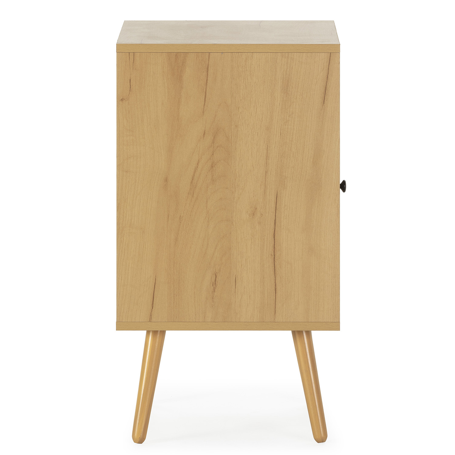 Una mesita de noche marrón claro con veta de madera y tres patas.
