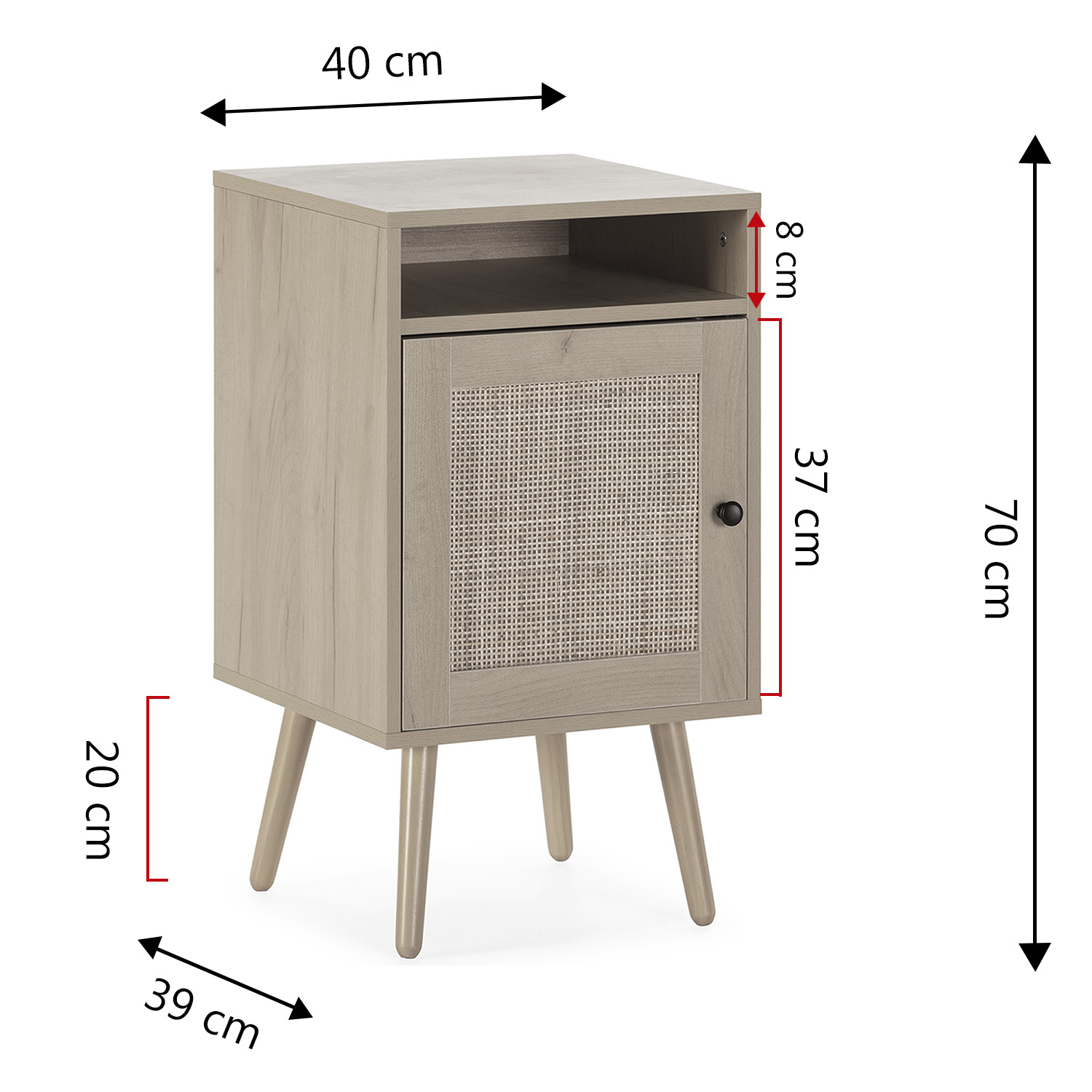 Mesita de noche de madera con puerta de ratán, medidas 40x39x70cm.