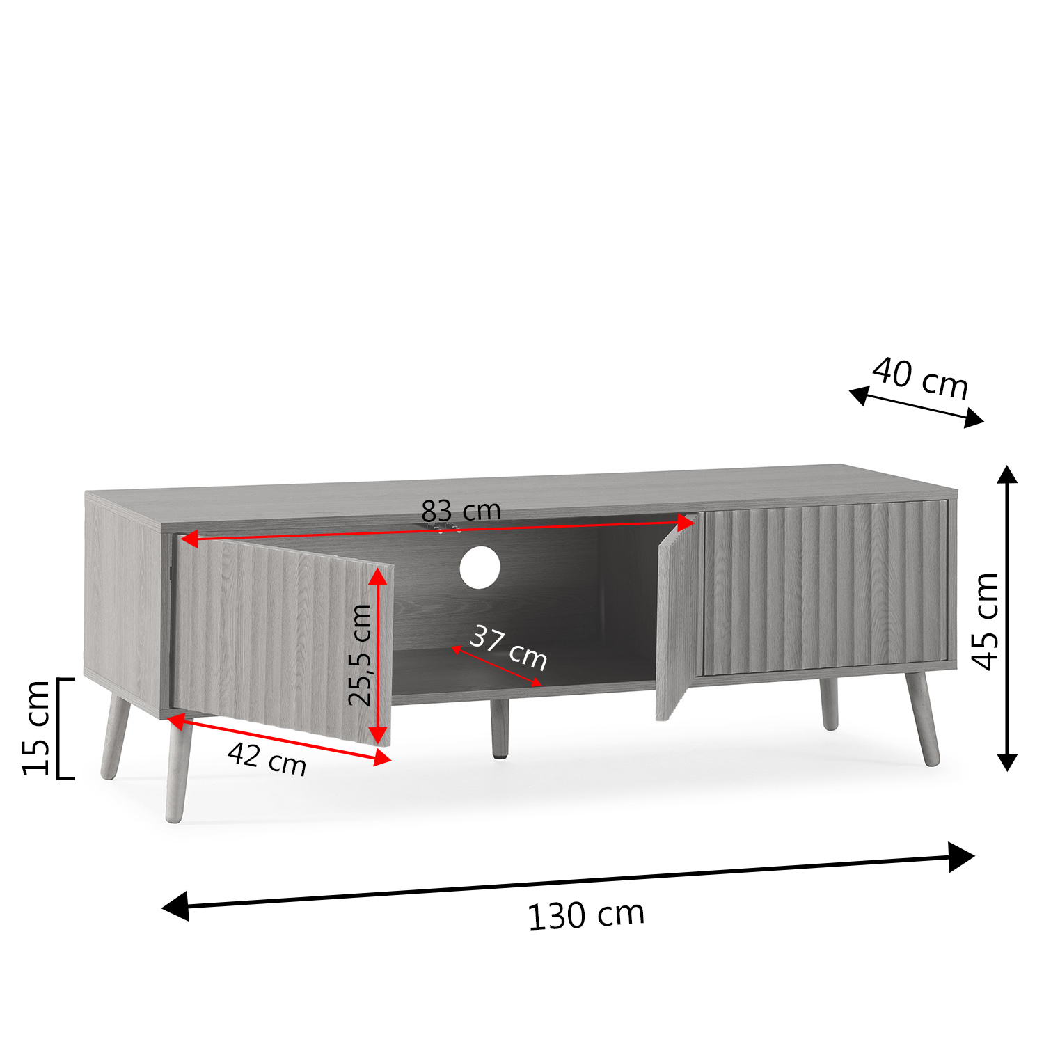 Mueble de TV gris con dimensiones: 130x40x45 cm. Puerta abierta.