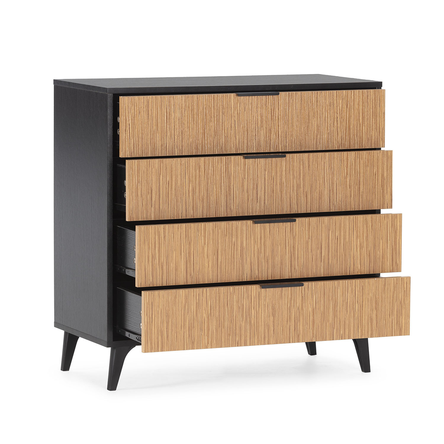 Cómoda negra con cuatro frentes de cajón de madera clara con textura de rayas verticales.
