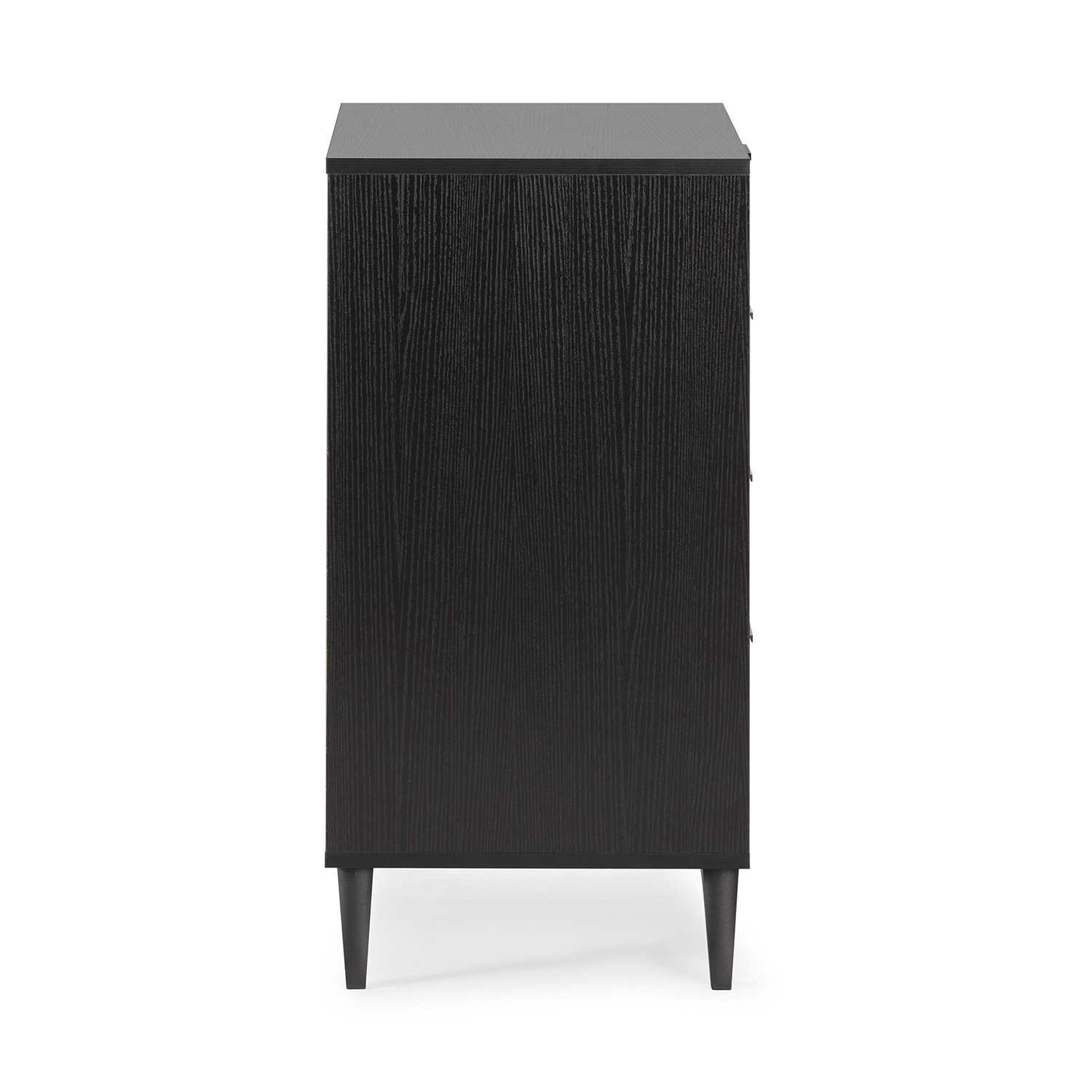 Cómoda negra con veta de madera y patas cónicas, vista lateral.