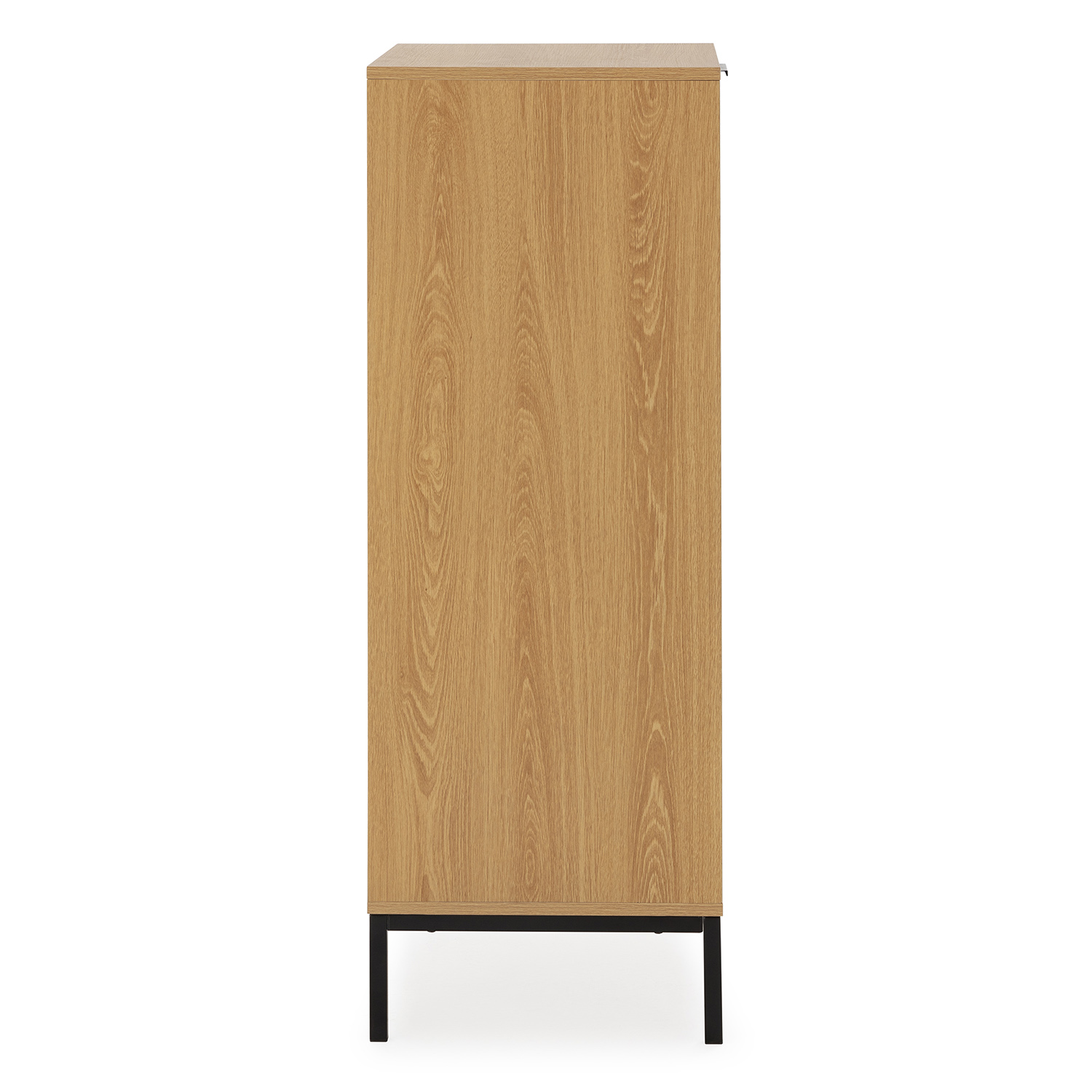 Un armario de madera con base de metal negra, visto de lado.