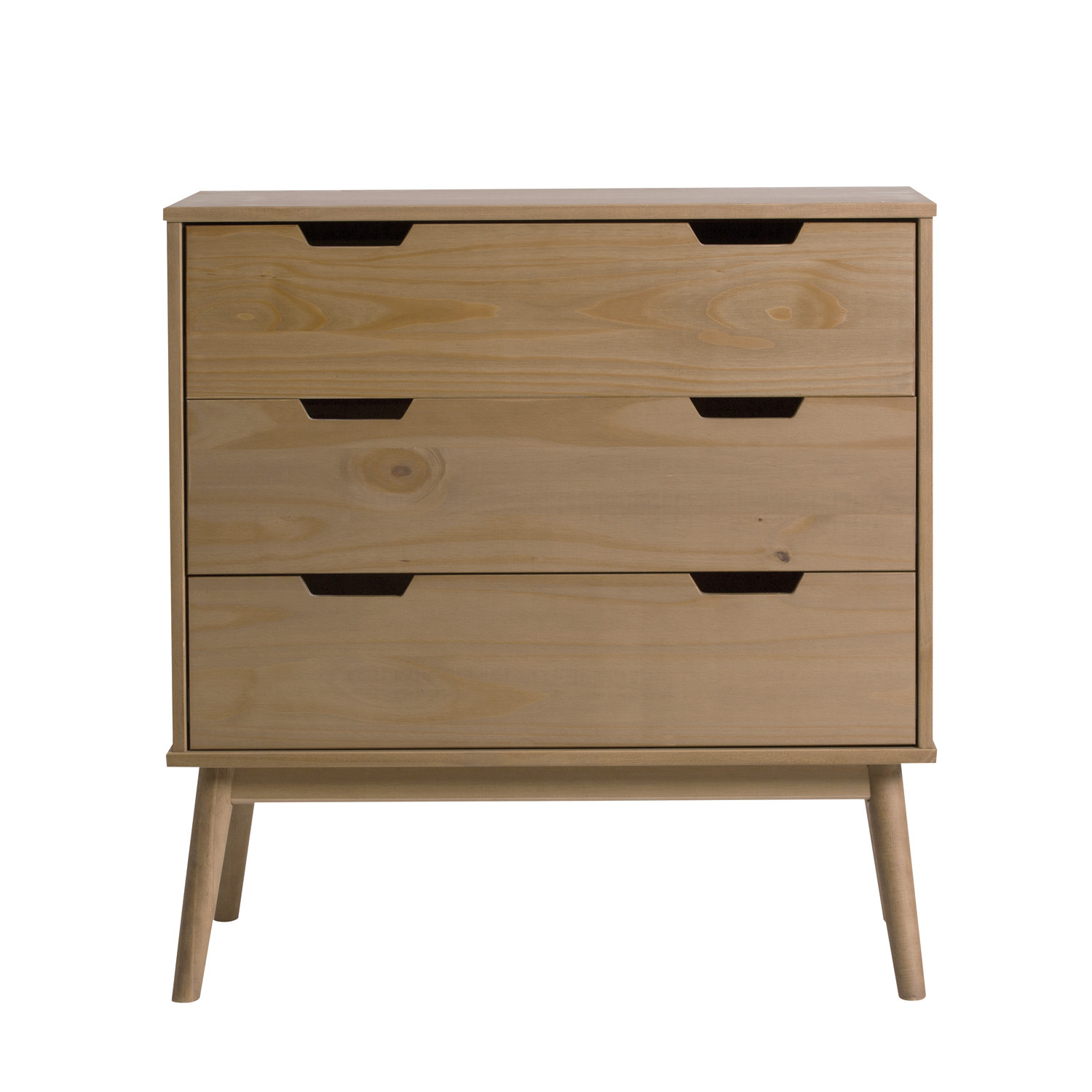 Un tocador de madera con tres cajones y cuatro patas anguladas.