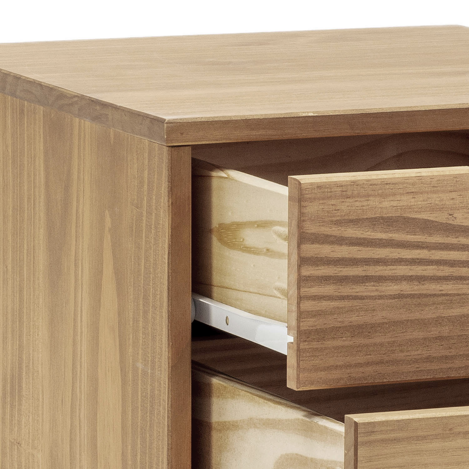Cómoda de madera con dos cajones, uno abierto.