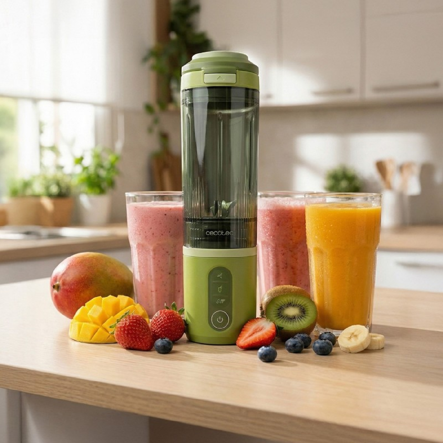 Una licuadora portátil verde con frutas y batidos en un mostrador de madera.