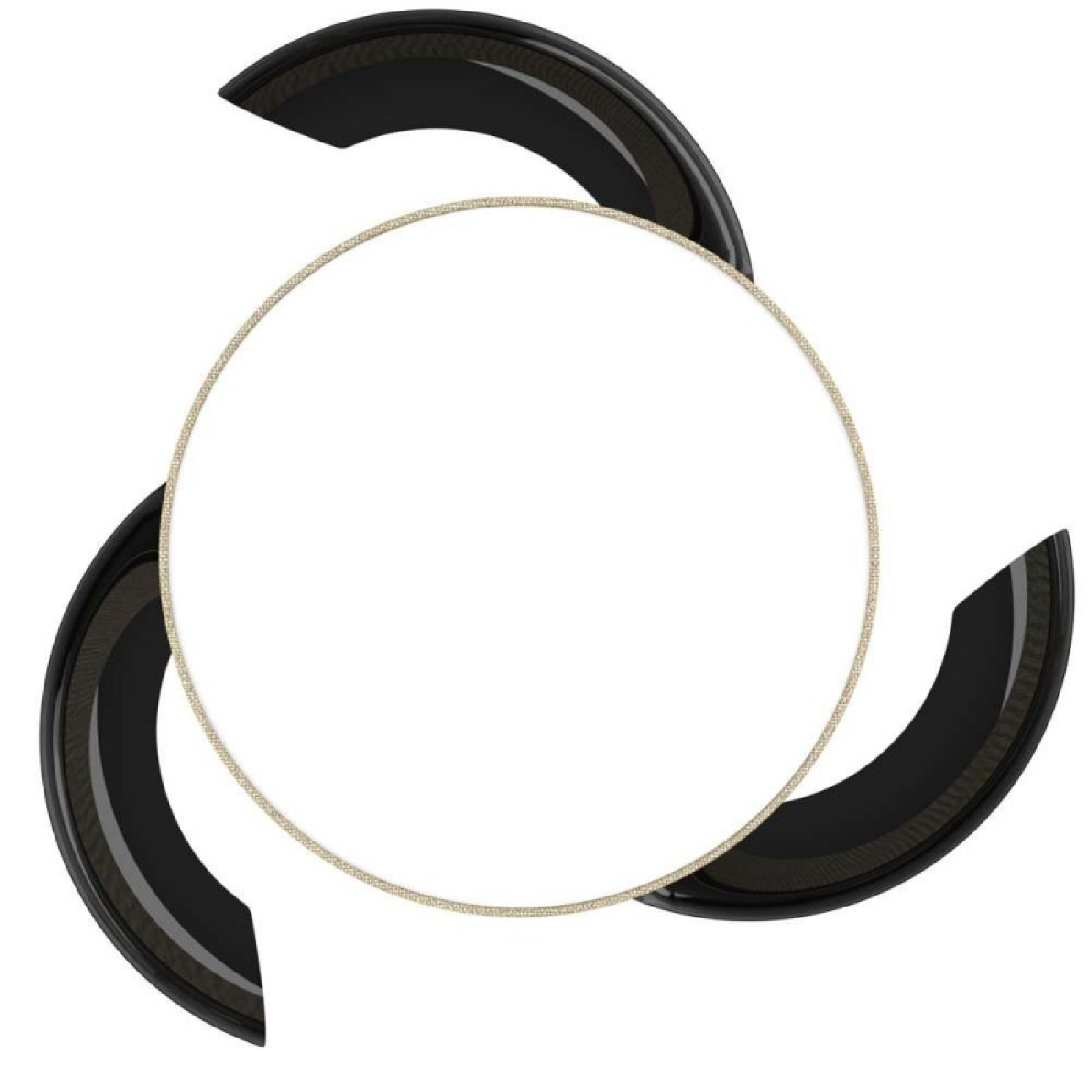 Tre elementi neri curvi circondano un sottile cerchio dorato, sfondo bianco.