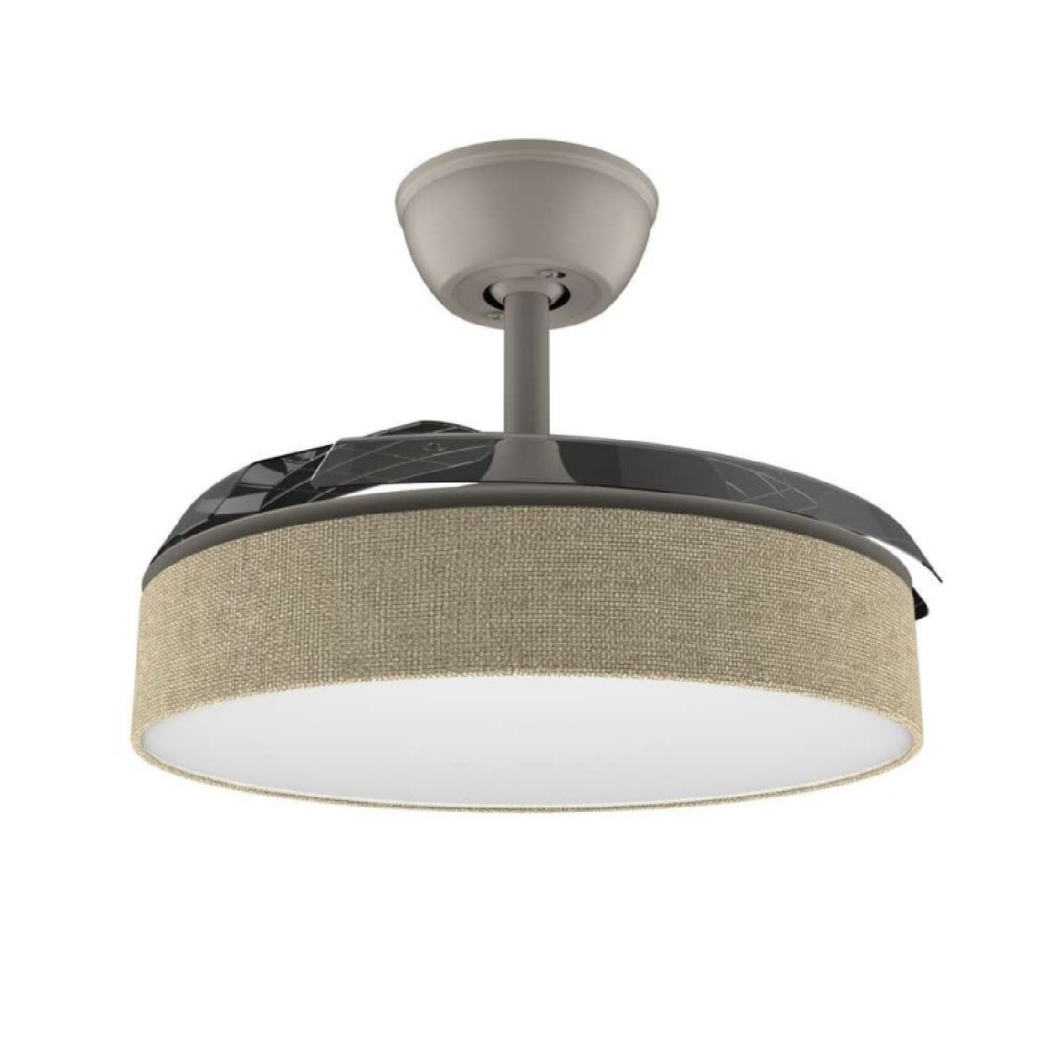 Una lampada da soffitto con paralume in tessuto e pale retrattili.