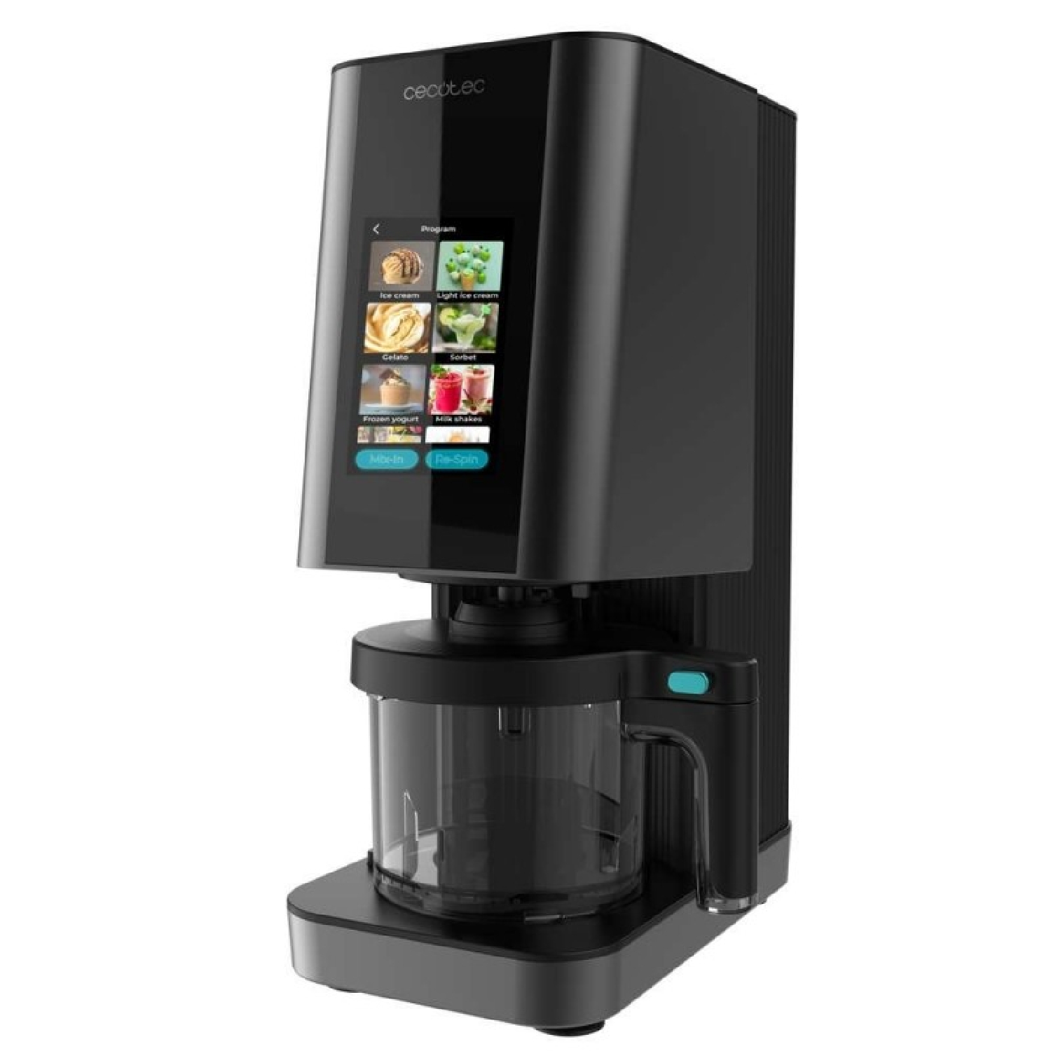 Máquina de helados negra con pantalla táctil para varios sabores de helado y batidos.