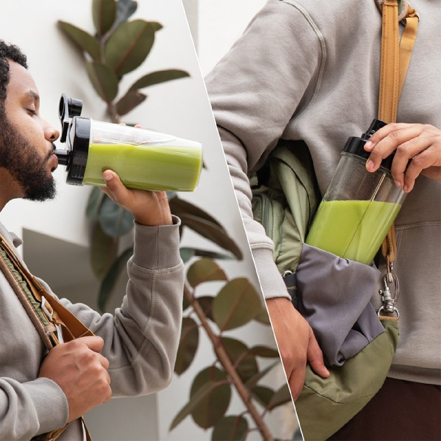Uomo beve frullato verde da bottiglia frullatore portatile. Altro uomo mette bottiglia in borsa.
