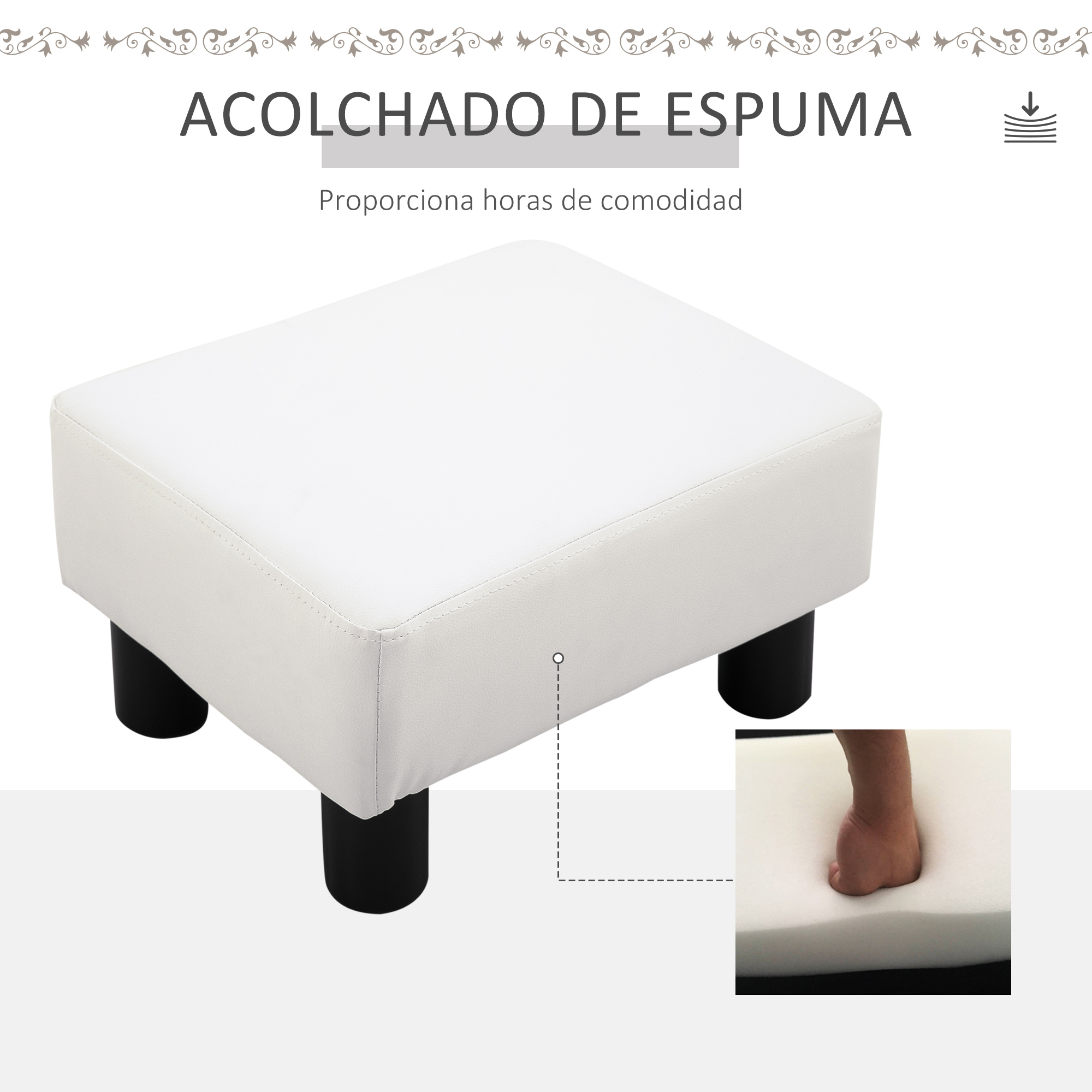 Un otomano blanco con cuatro patas negras, que promete comodidad.