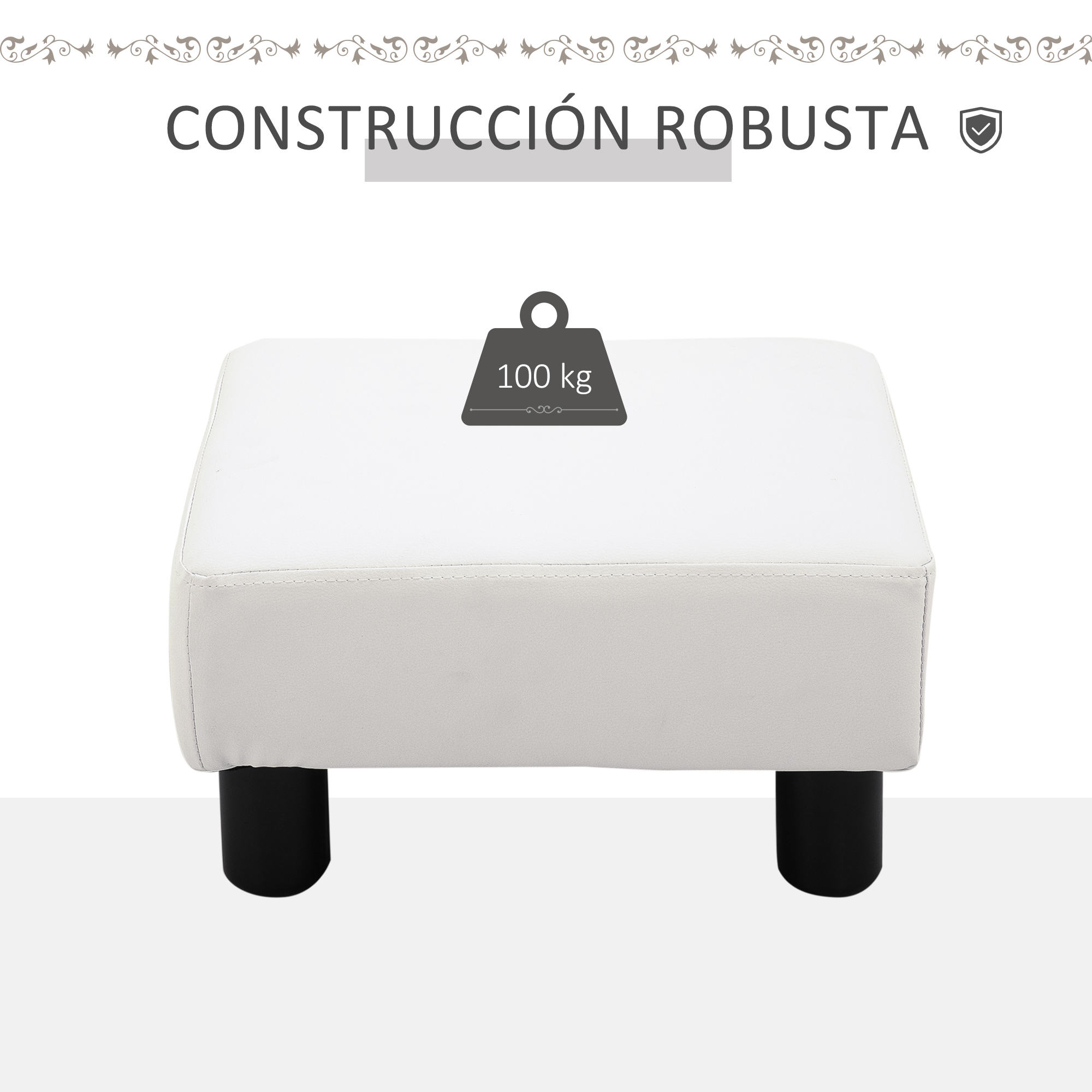 Un otomano blanco con patas negras y un símbolo de peso de 100 kg.