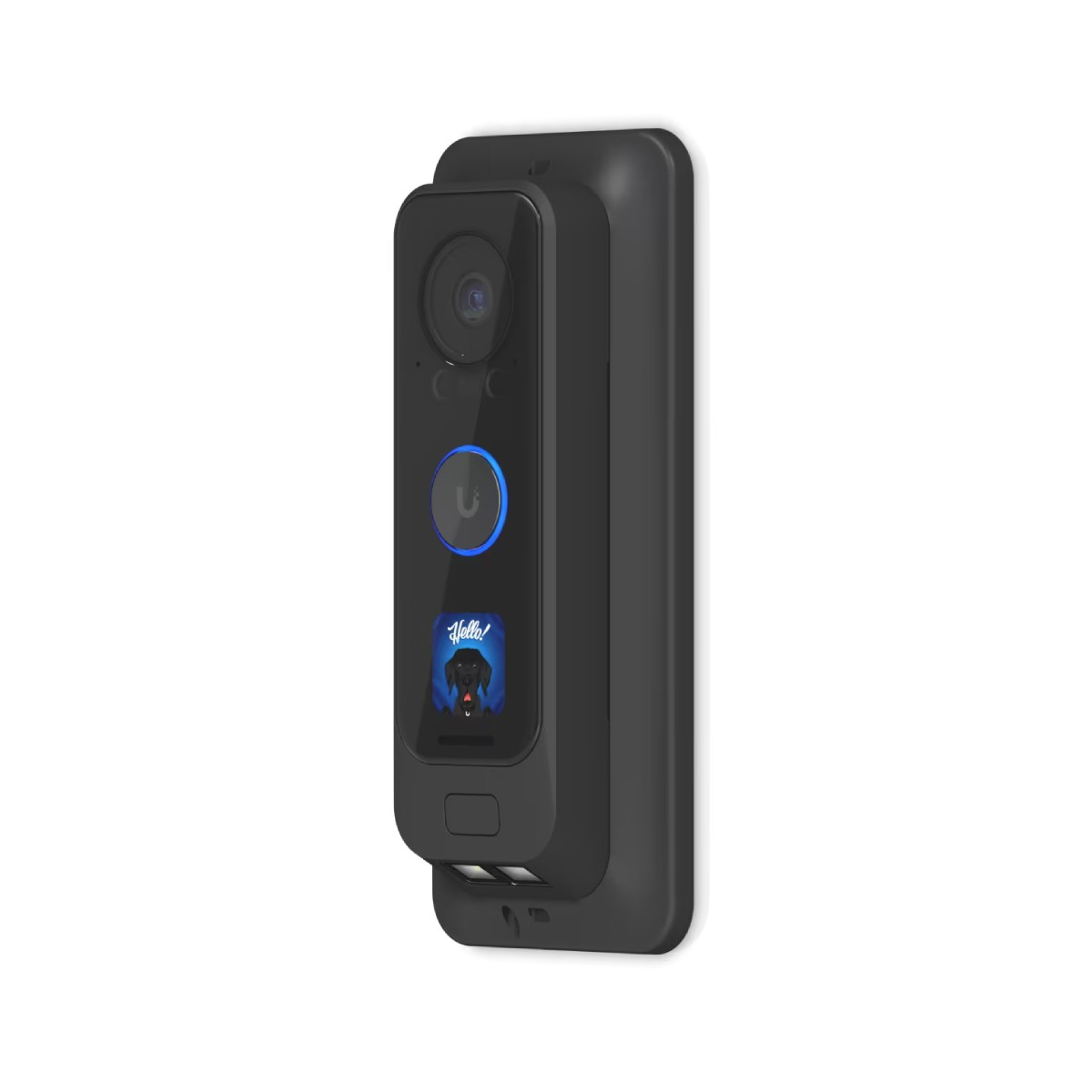Zwarte deurbelcamera met blauw licht en een hondenafbeelding op het scherm.