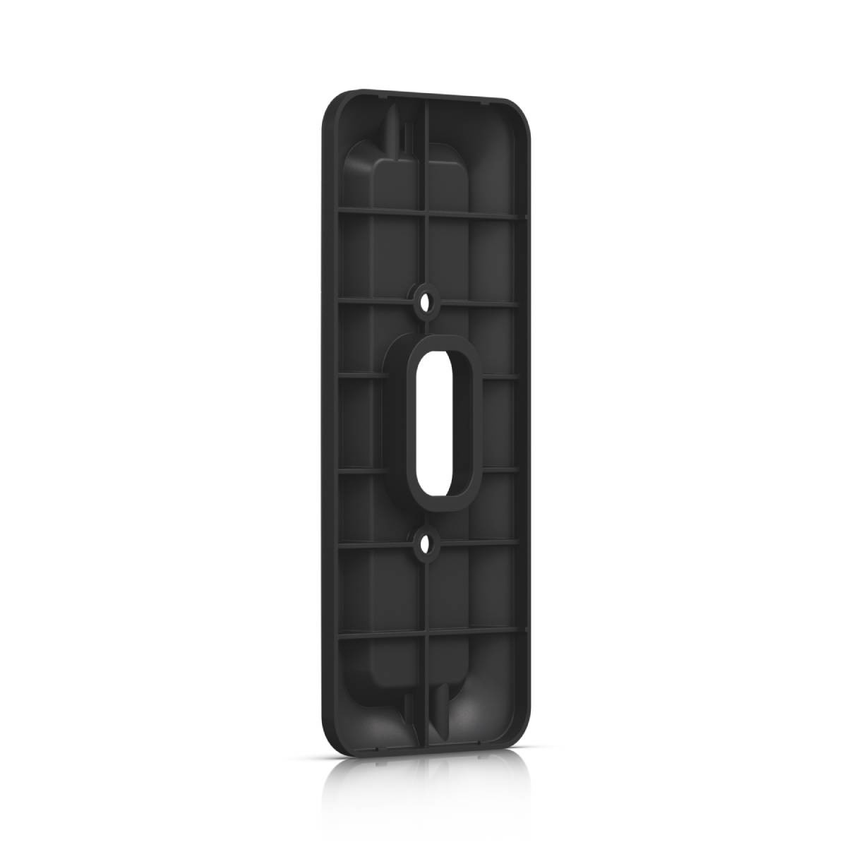 Een zwart, rechthoekig plastic onderdeel met een ovale sleuf en twee gaten.