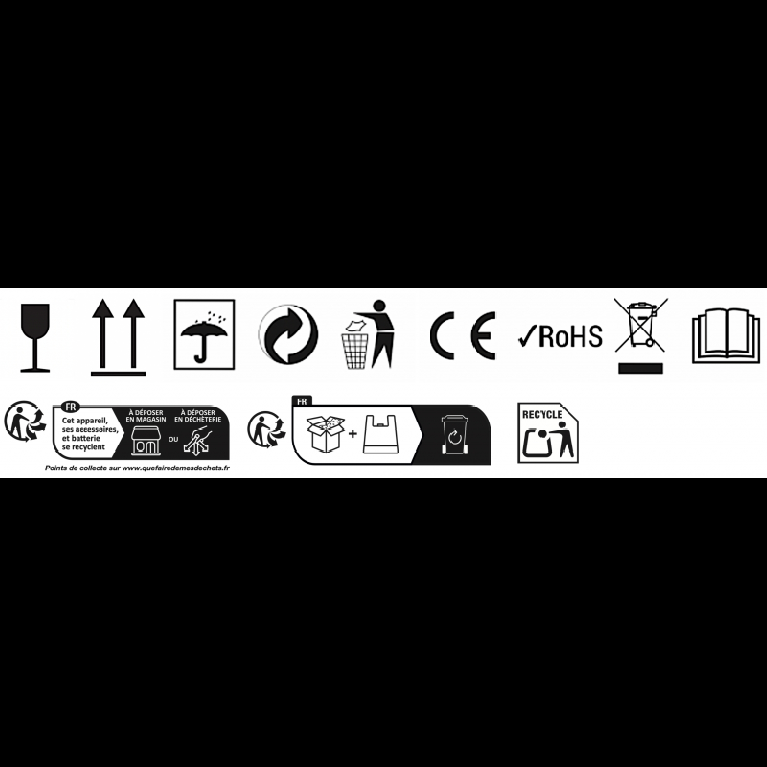 Símbolos de frágil, flechas, lluvia, reciclaje, basura, CE, RoHS, batería y libro.