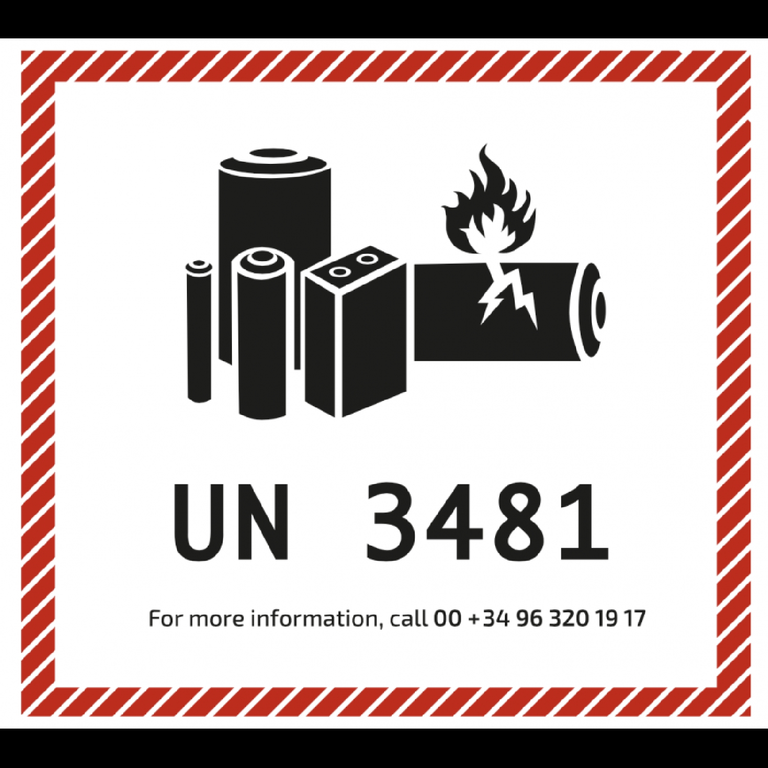 Símbolo de peligro UN 3481 para baterías de litio con fuego y grieta.