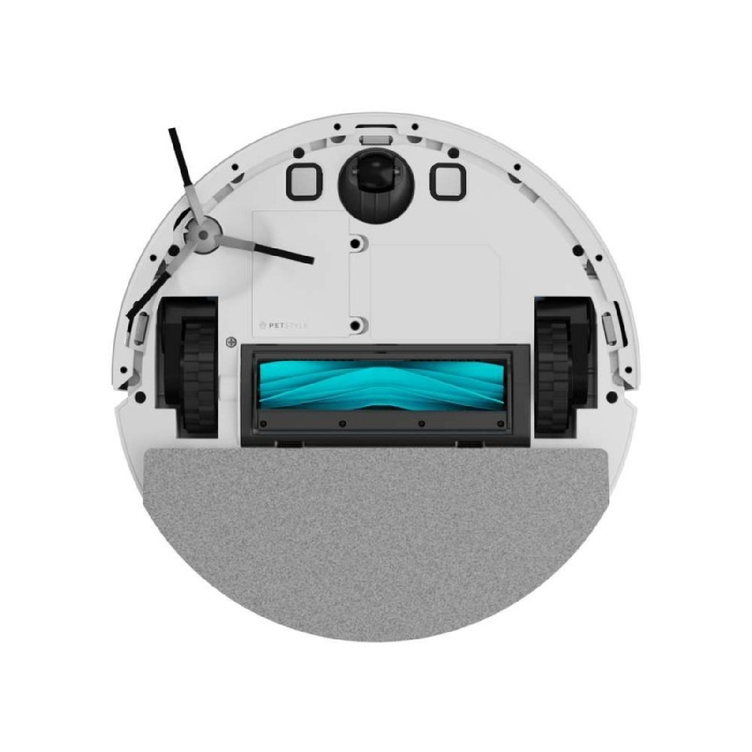 Vista superior de un robot aspirador blanco con cepillos y ruedas.