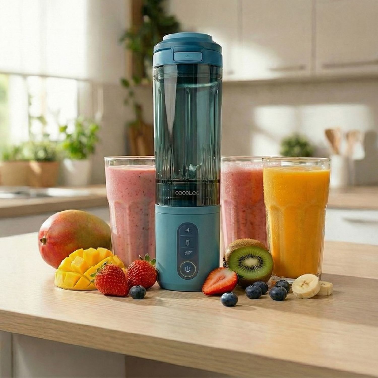 Una licuadora portátil azul verdoso con batidos de frutas y fruta fresca en un mostrador de madera.