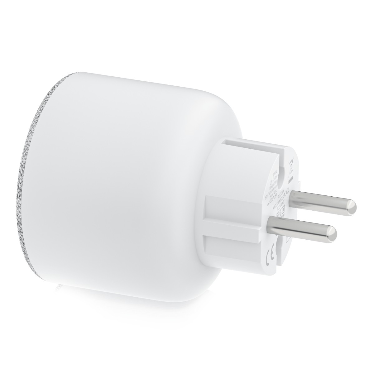 A white plug with two metal pins and a textured edge.