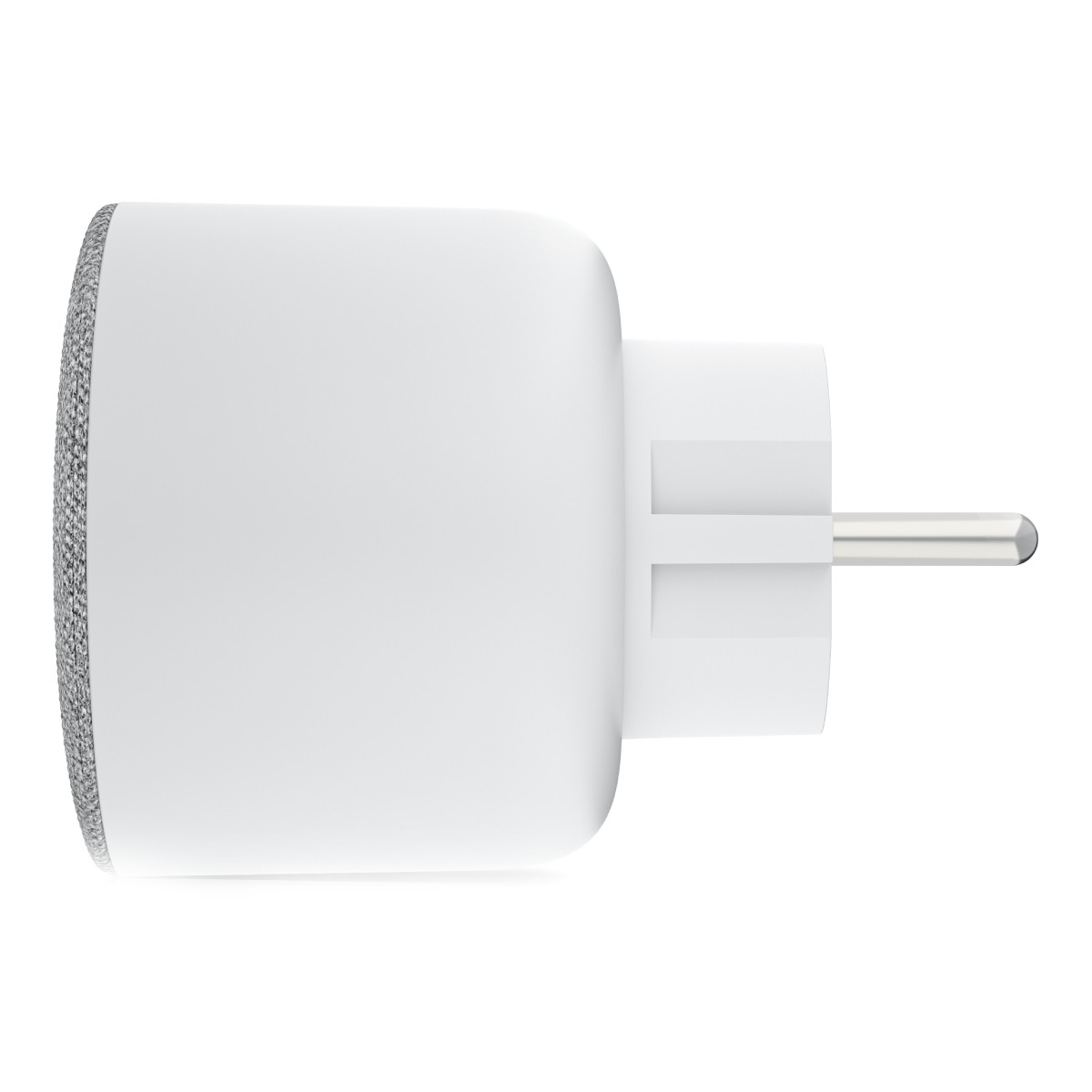 A white plug with a silver pin and a textured end.