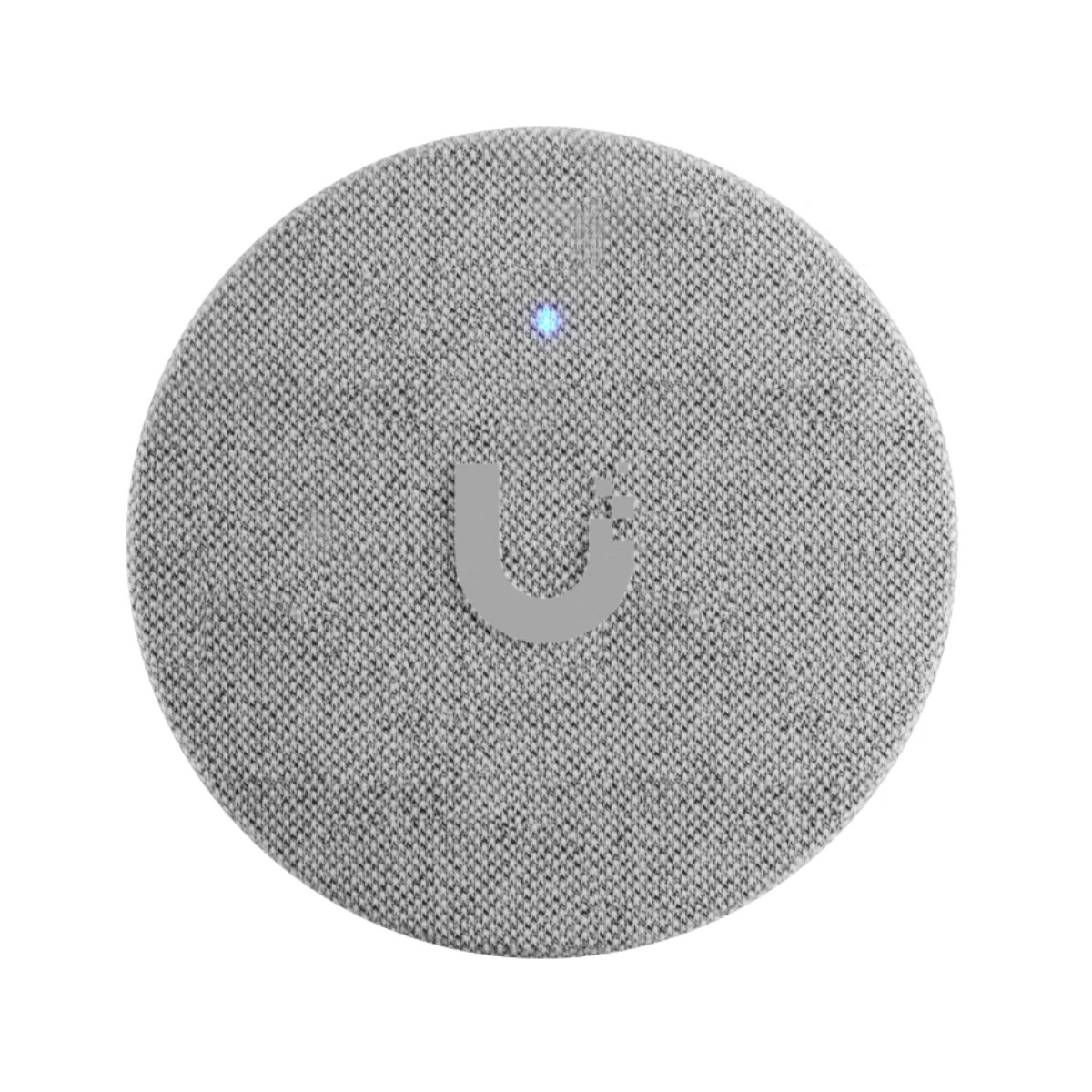 Gray fabric speaker with logo and blue light.
