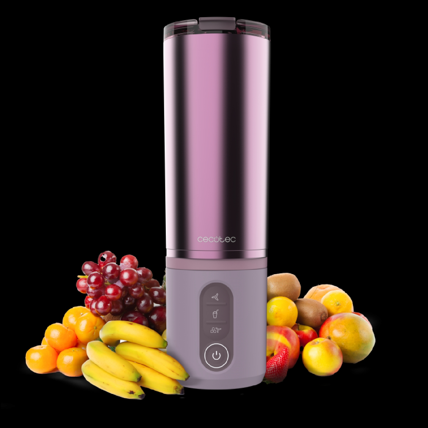 Una licuadora rosa rodeada de frutas como uvas, naranjas, plátanos, kiwis y manzanas.
