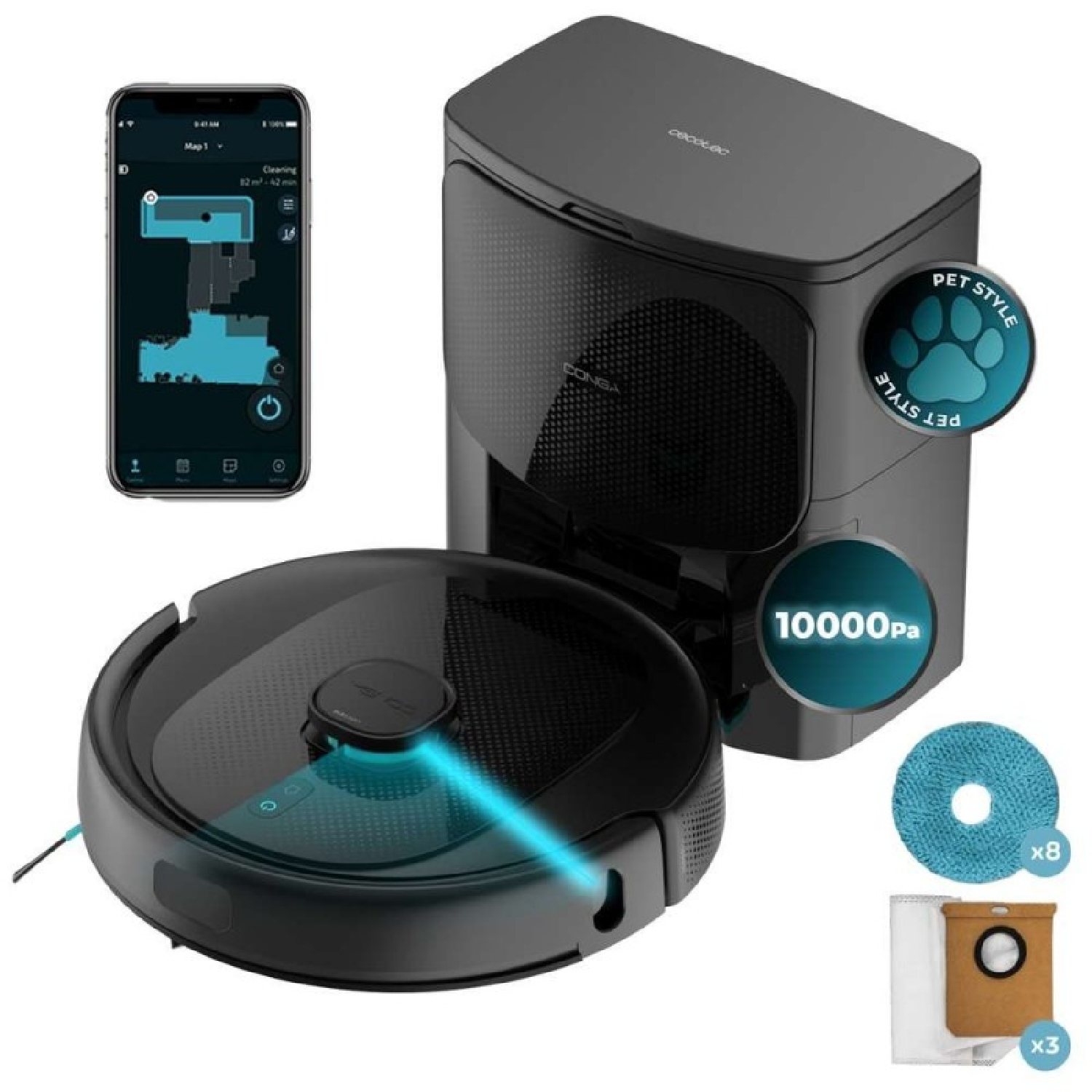 Un robot aspirapolvere con stazione di ricarica, display app, logo Pet Style e 10000 Pa.