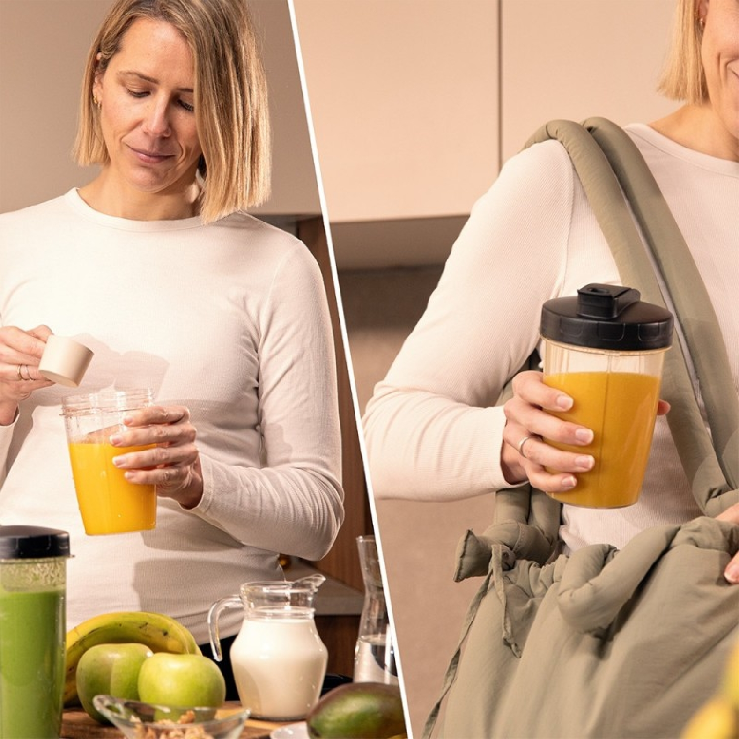 Mujer preparando un batido y llevándolo en un bolso.