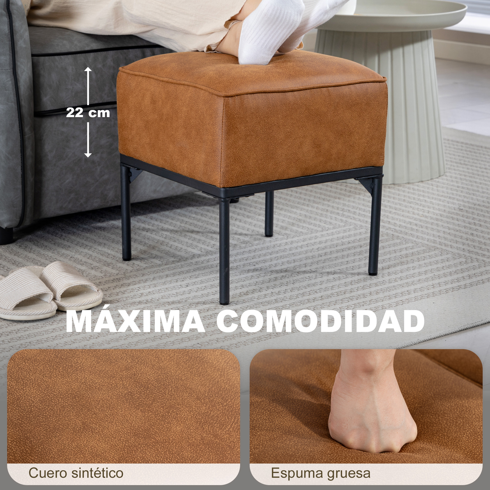 Un otomano marrón de cuero sintético con patas de metal negro descansa sobre una alfombra.