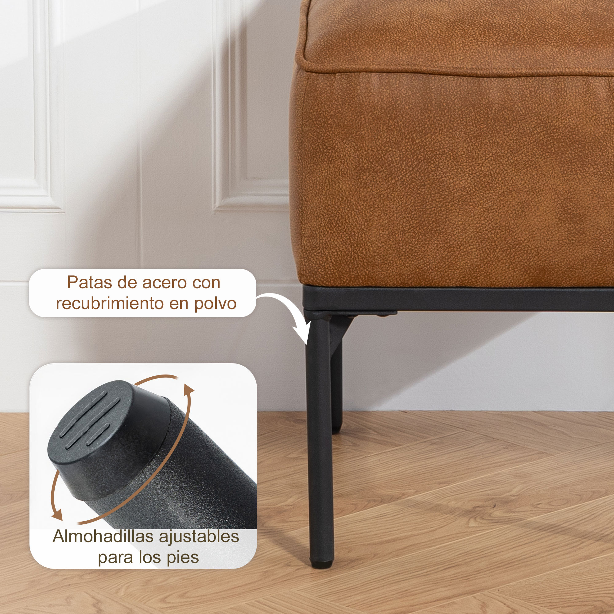 Sofá de cuero sintético marrón con patas de metal negras y almohadillas.