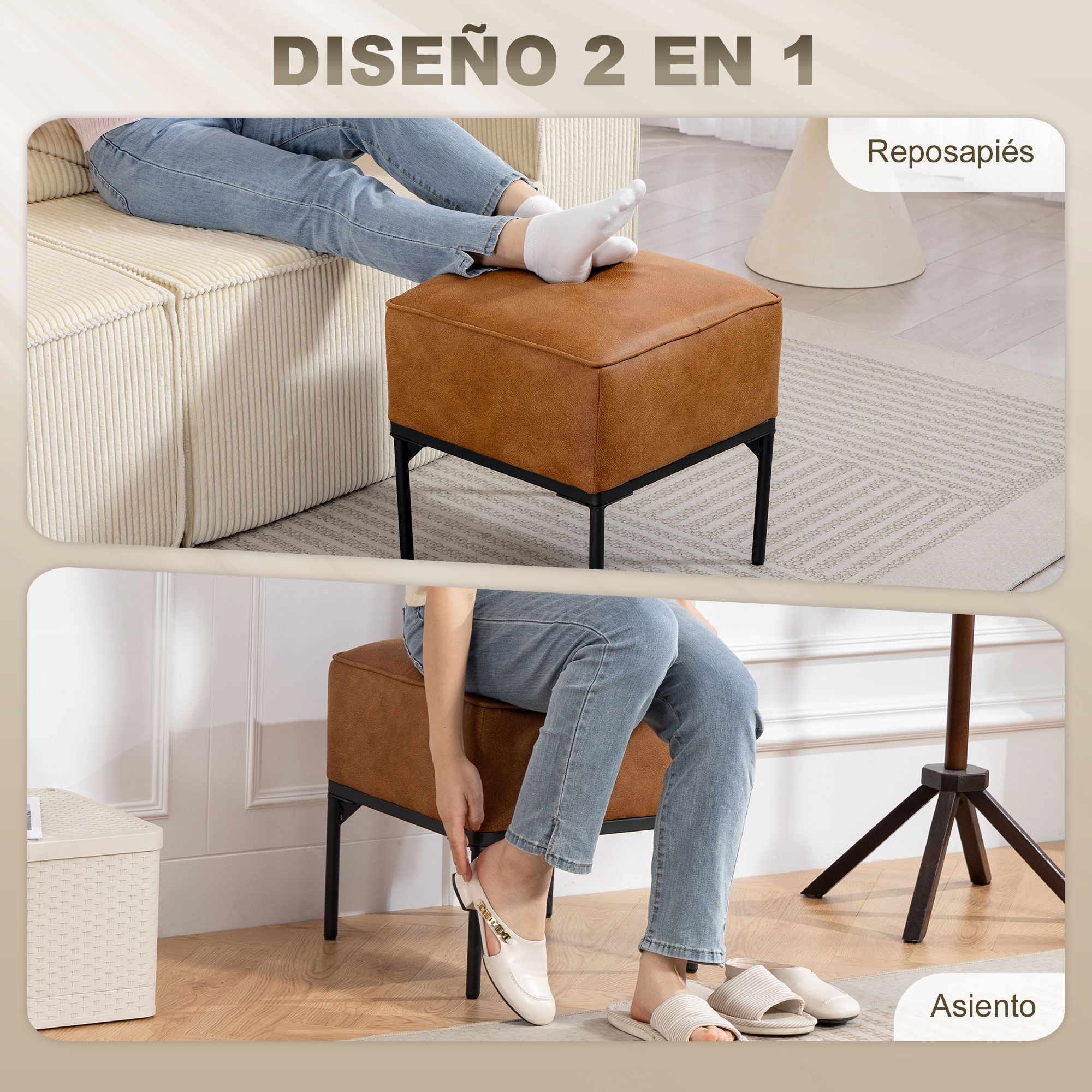 Una persona se sienta en un sofá, usando un puf marrón como reposapiés o asiento.