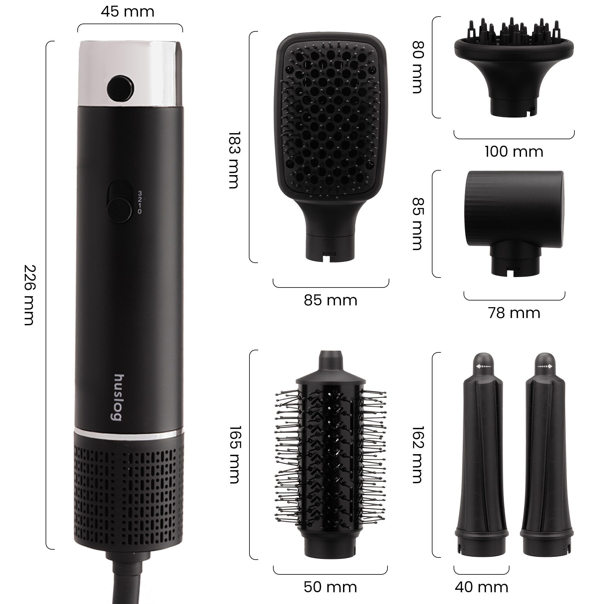 Czarna suszarka do włosów z nasadkami i wymiarami.