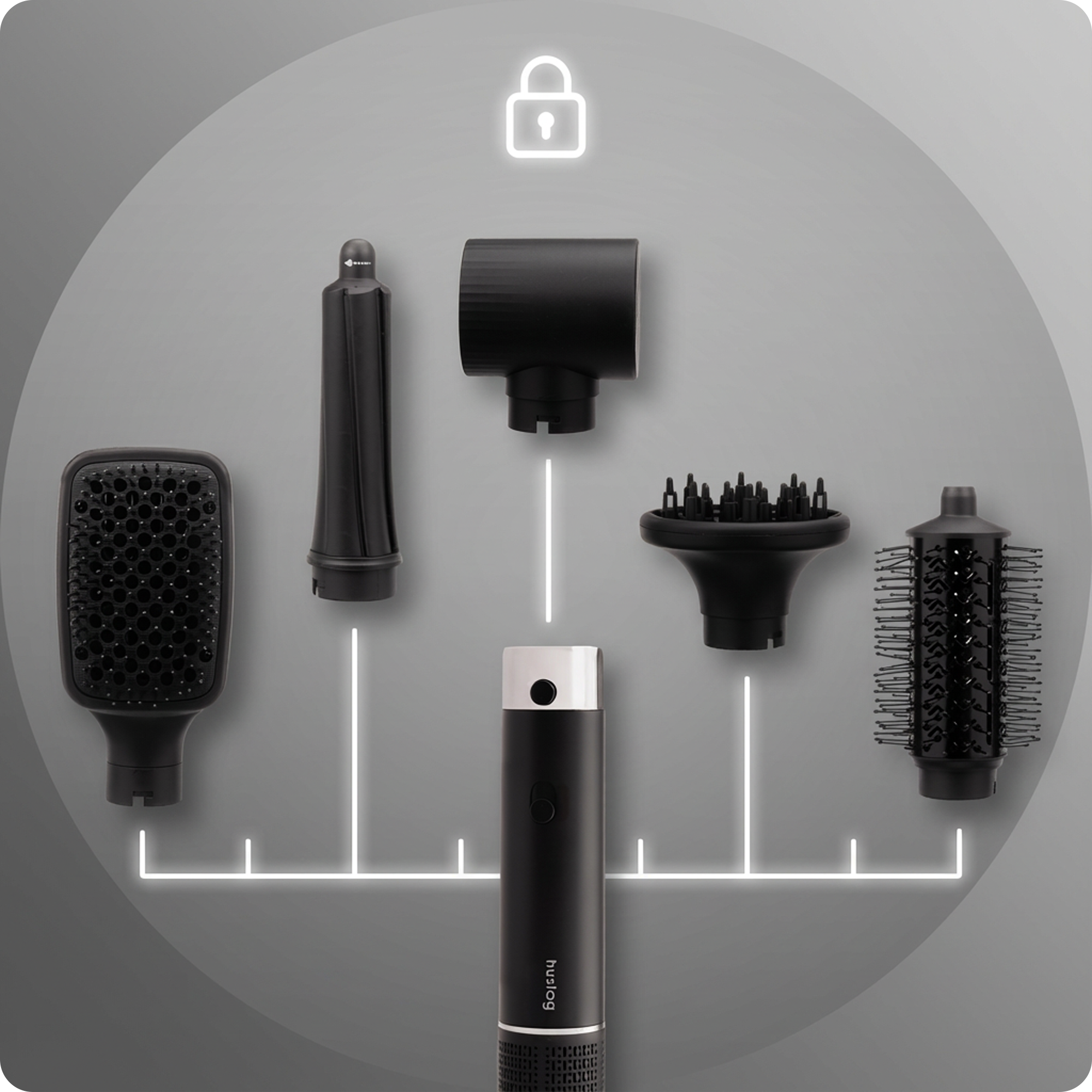 Czarna suszarka do włosów z nasadkami na szarym tle.