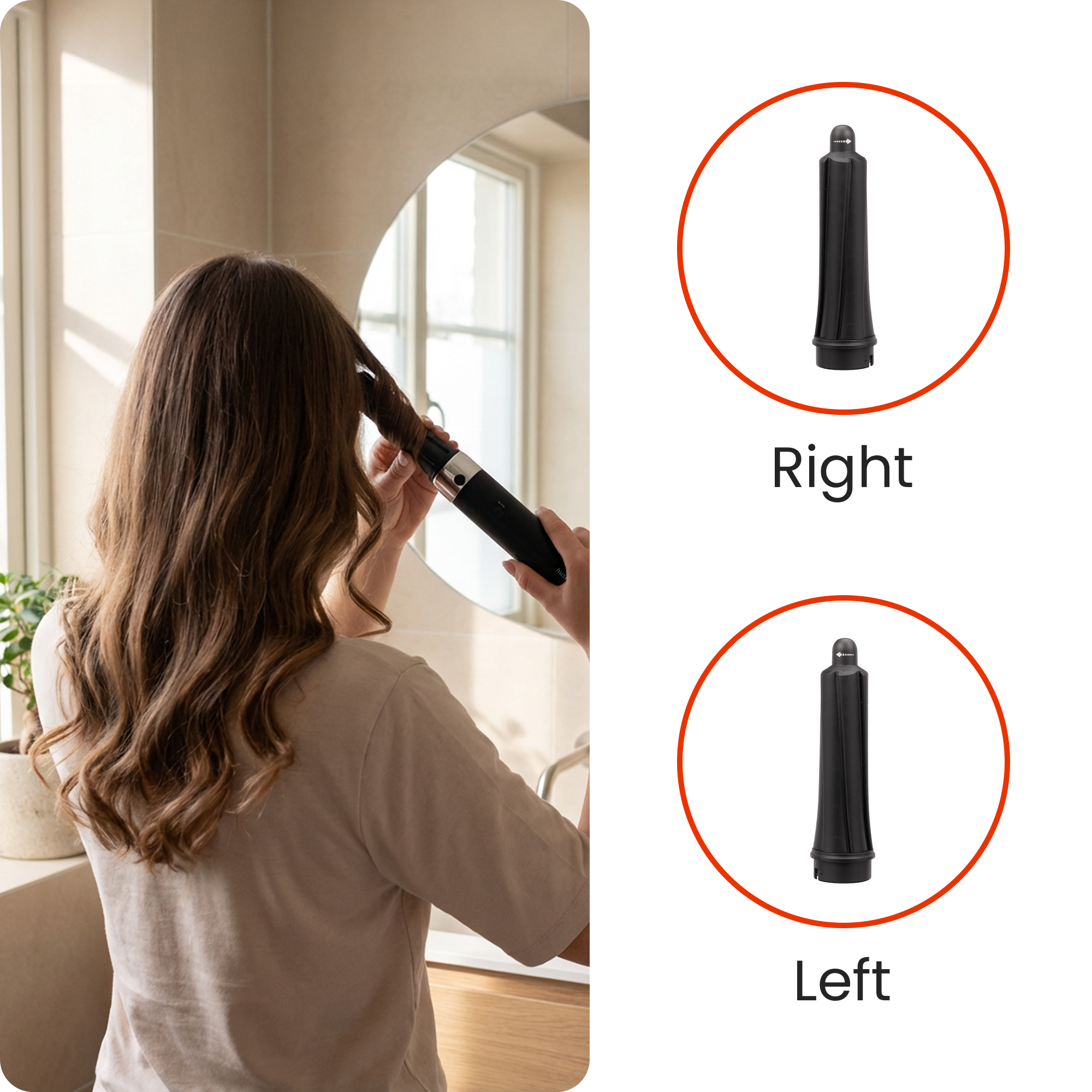 Kobieta stylizuje włosy lokówką, pokazano dwa akcesoria.