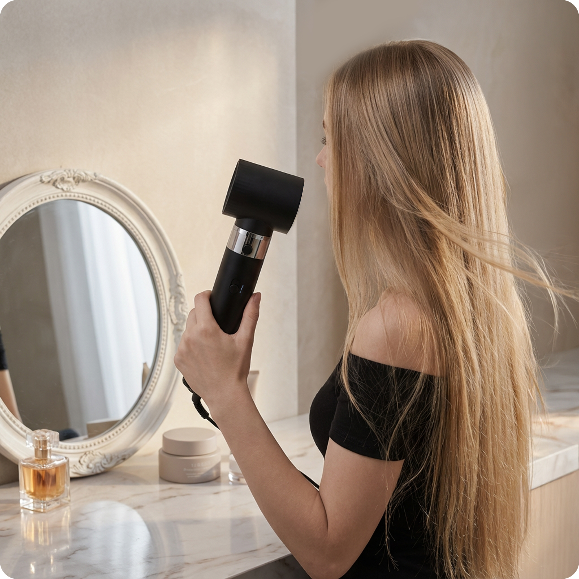 Blondynka suszy włosy czarną suszarką przed lustrem.