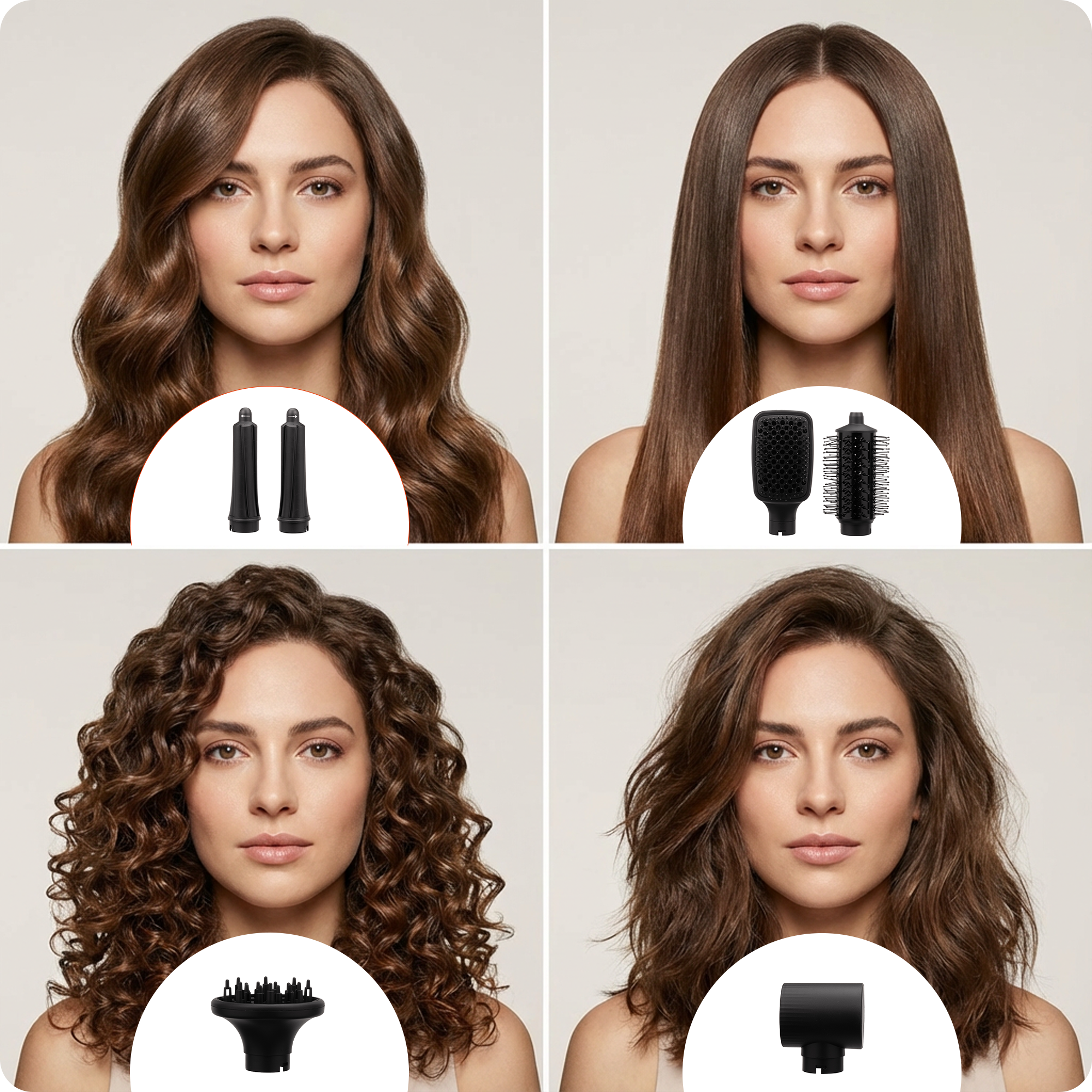 Cztery fryzury: falowane, proste, kręcone, potargane, z nasadkami.