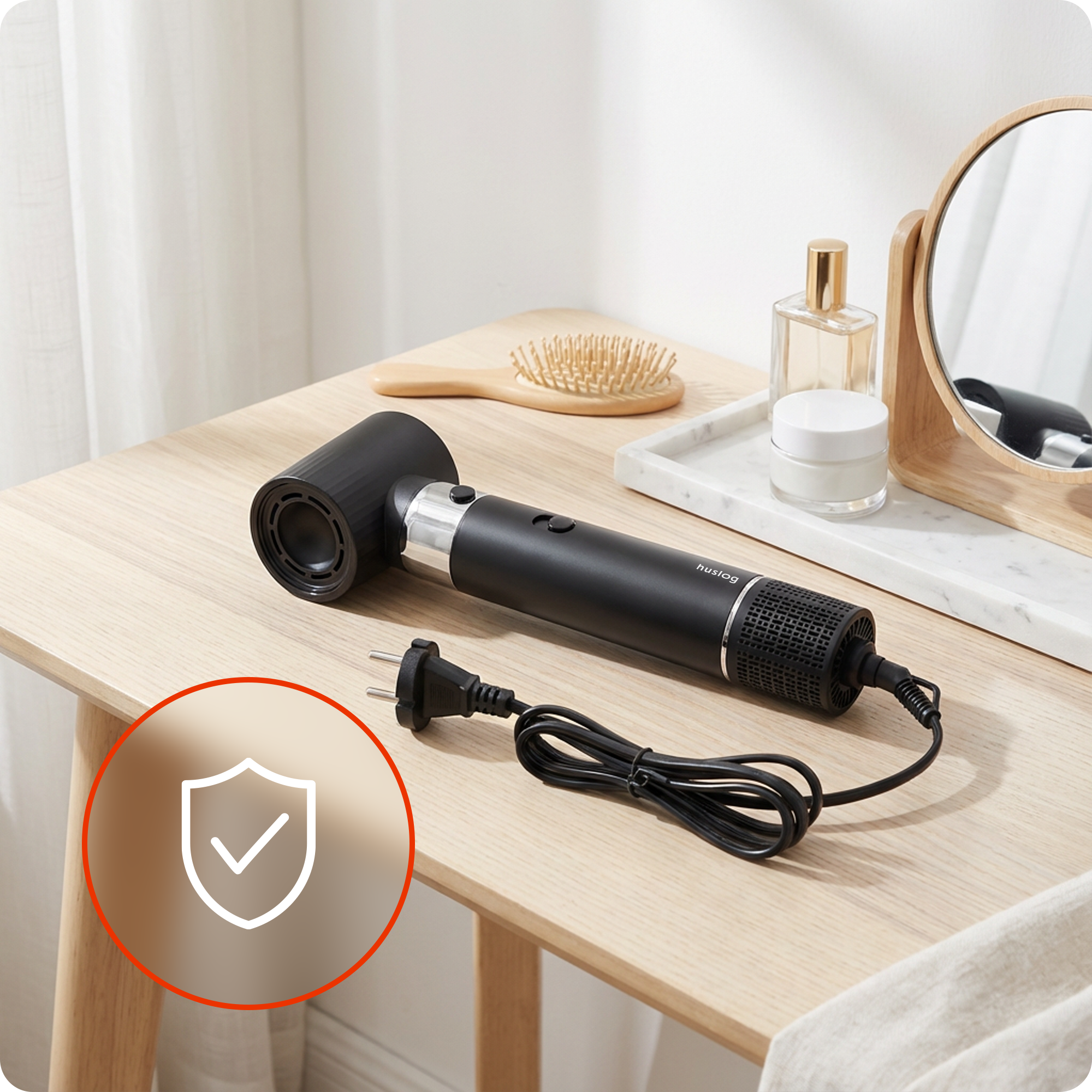 Czarna suszarka do włosów z kablem na drewnianym stole, obok szczotki i kosmetyków.
