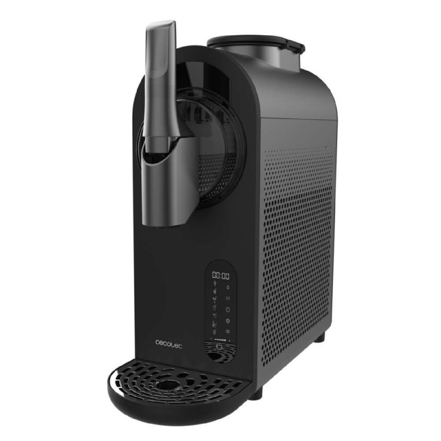 Una macchina da caffè nera con beccuccio argentato e display digitale.
