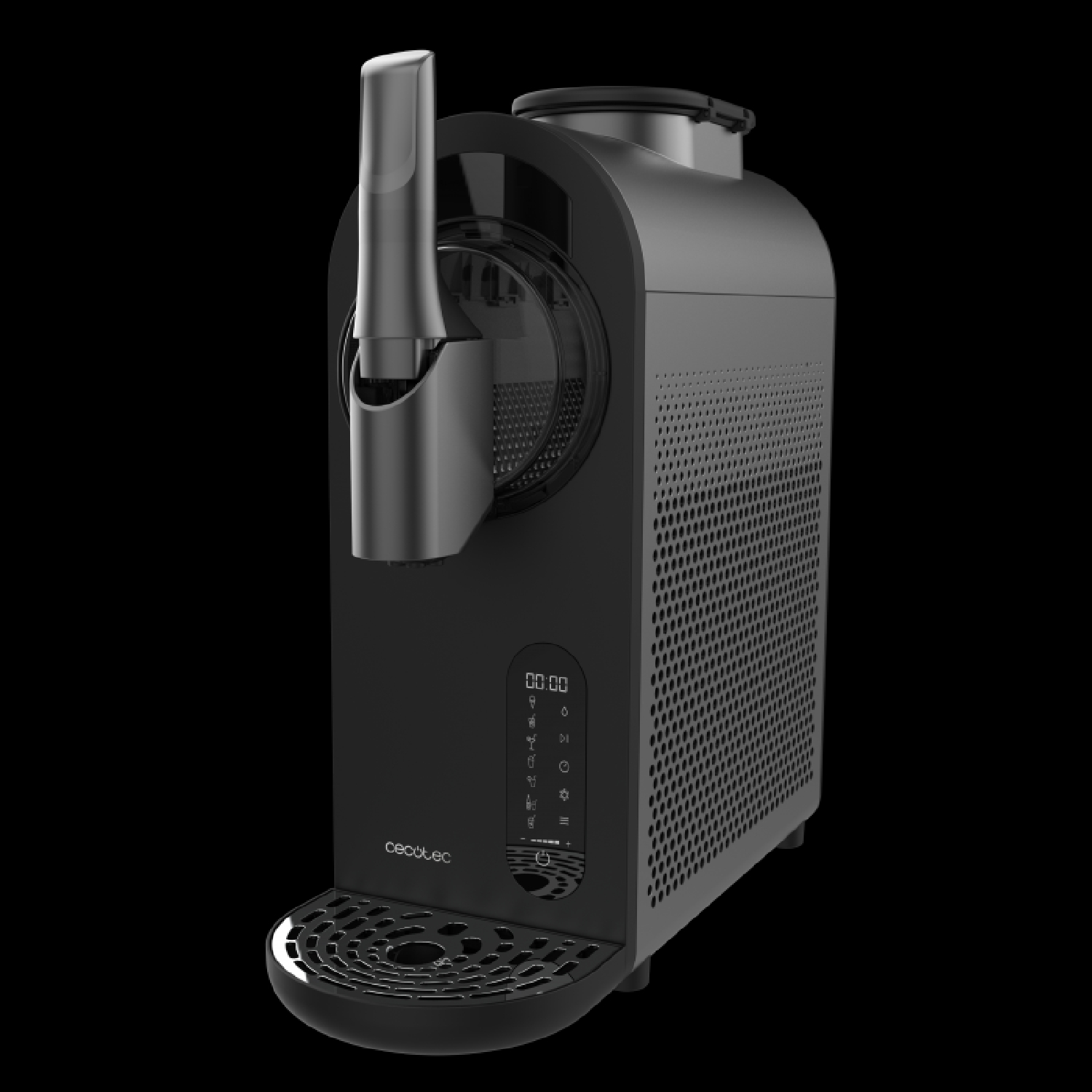Una gelatiera Cecotec nera con display digitale e vaschetta raccogligocce.