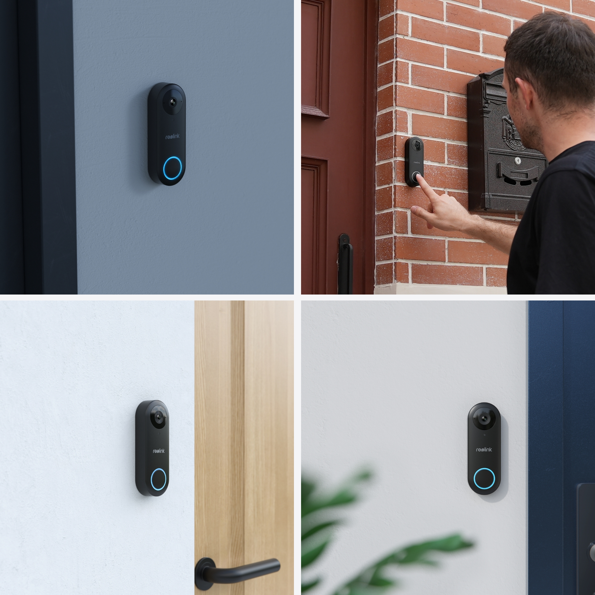 Un dispositivo campanello nero con anello blu luminoso su un muro.