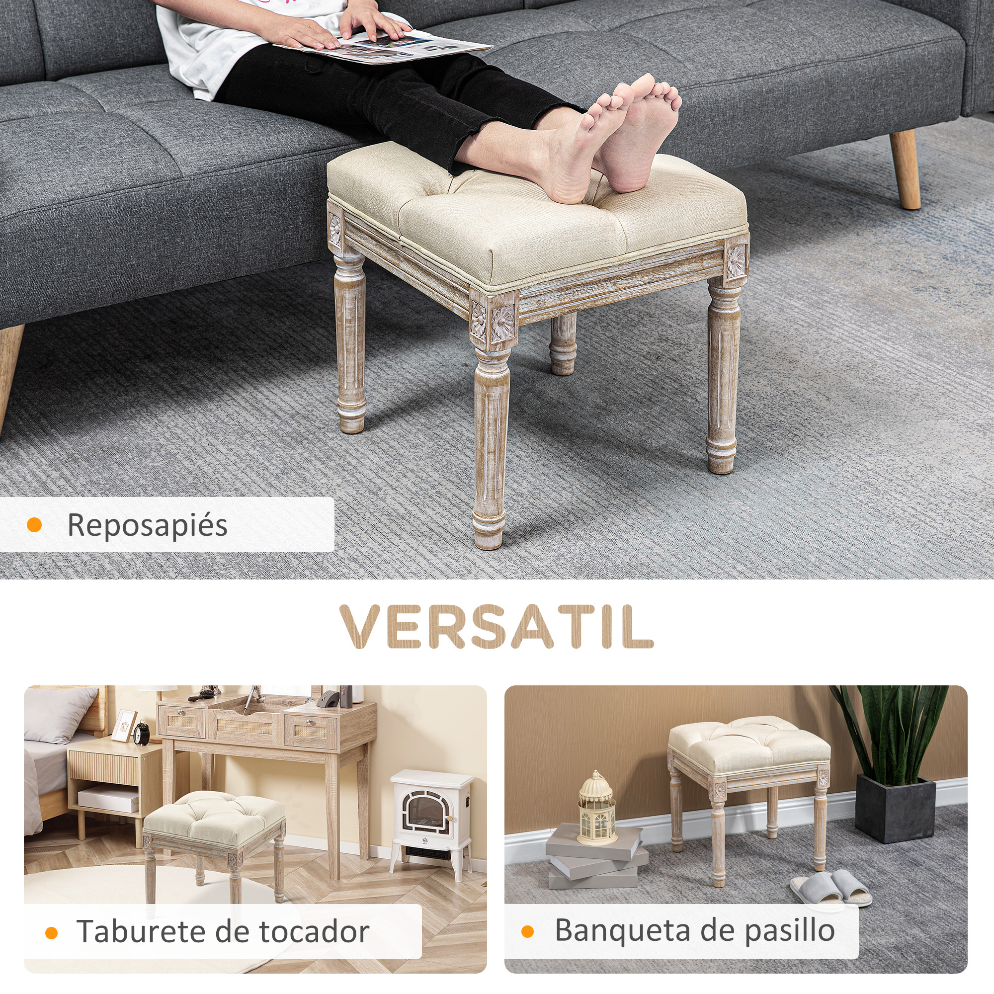 Un otomano tapizado de tela con patas de madera talladas.