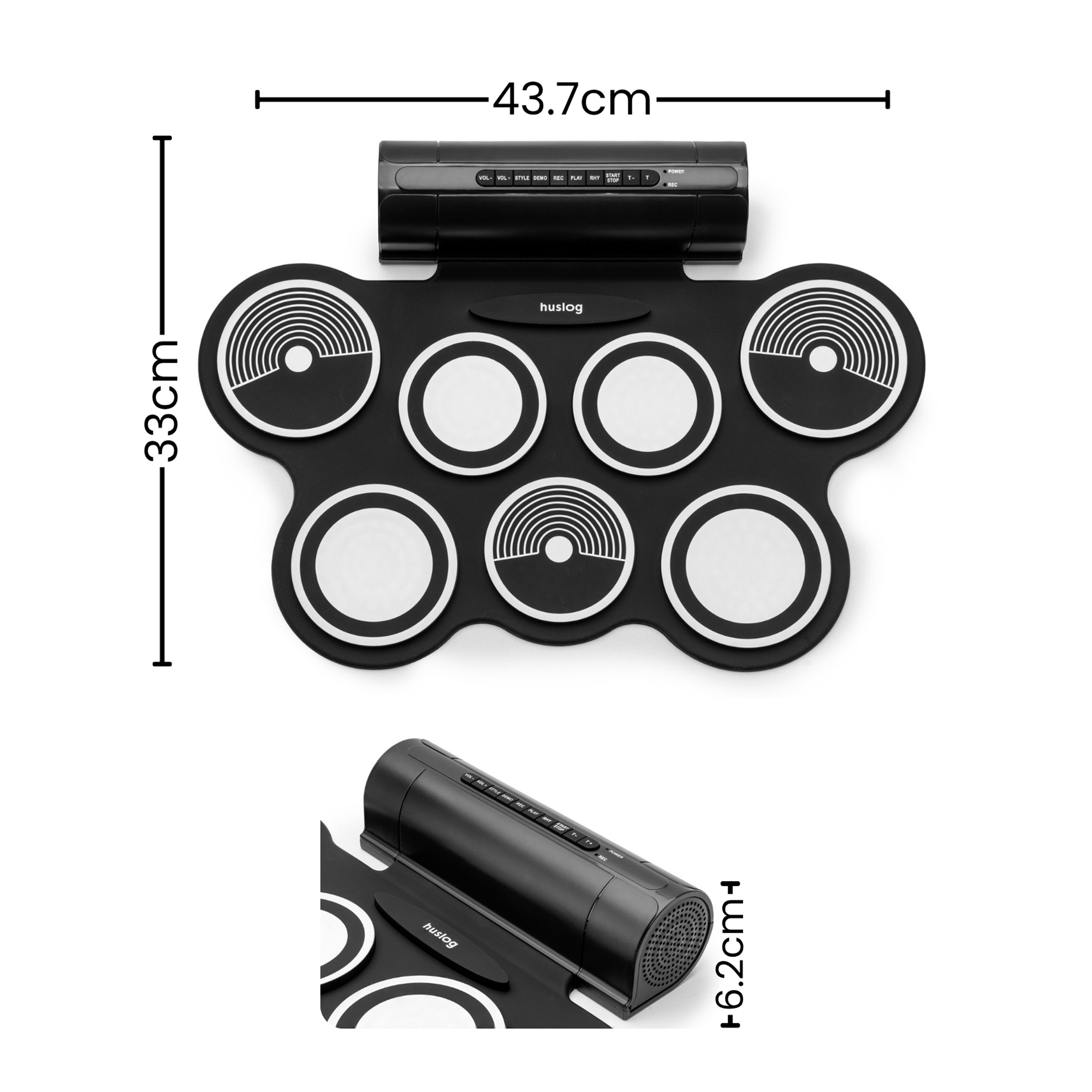 Czarny, zwijany elektroniczny zestaw perkusyjny z panelem sterowania na górze.