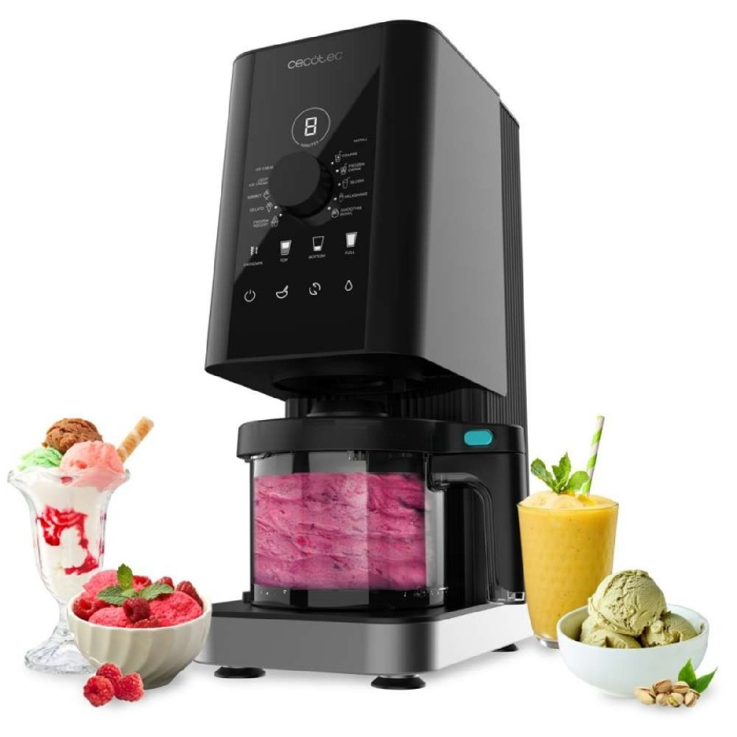 Una gelatiera nera con gelato, sorbetto e frullato. Con display digitale.